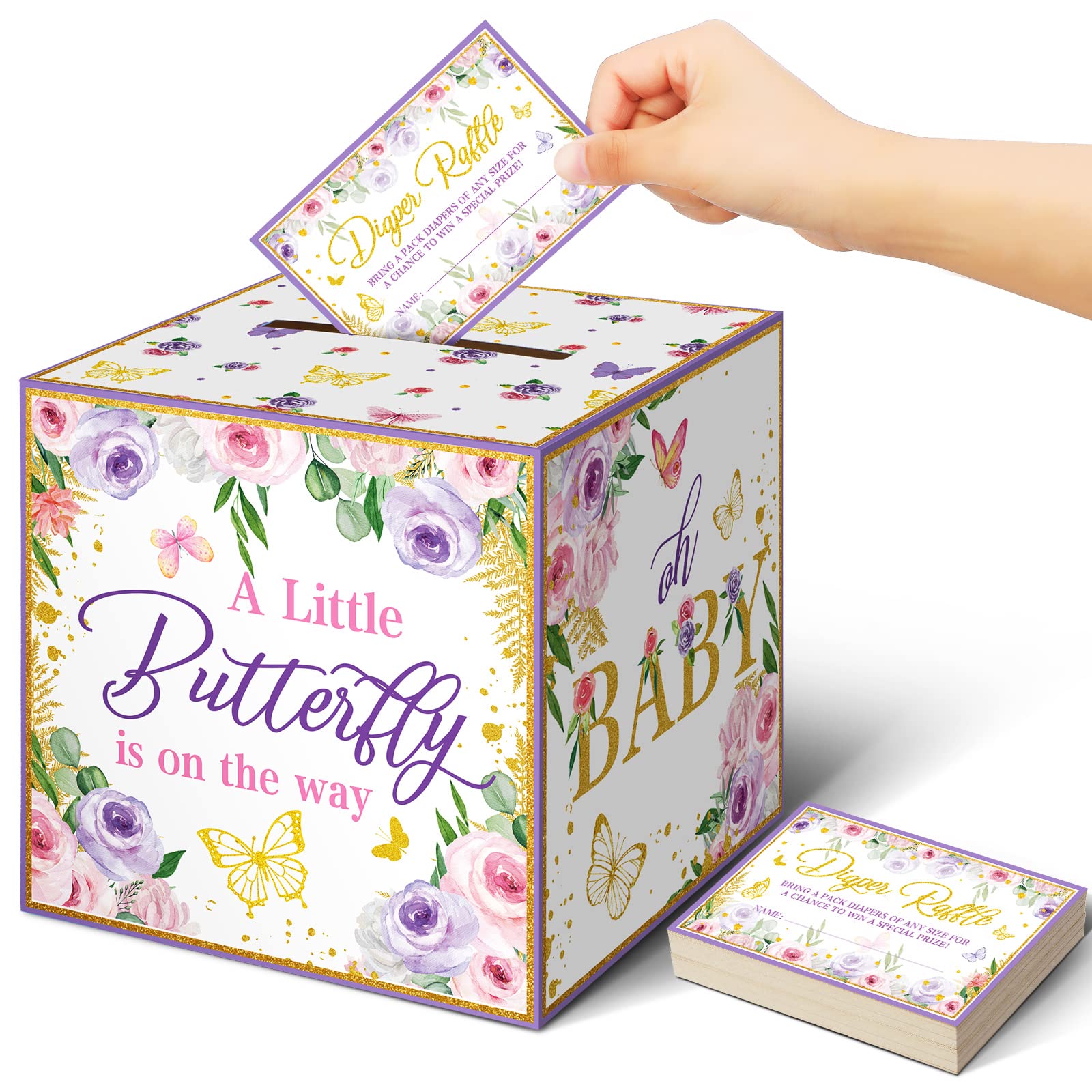 Teling 51 Pieces Diaper Raffle Tickets with Card Box,Butterfly Style