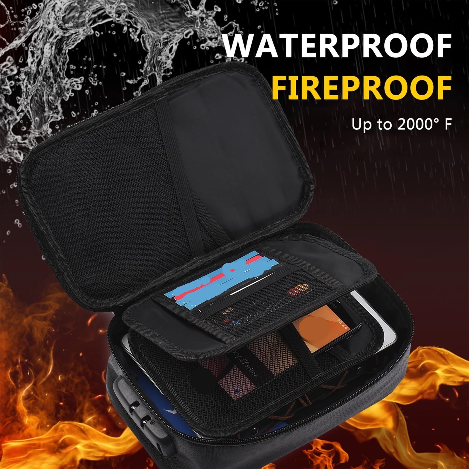 Borsa for Documenti ignifuga Organizer di Sicurezza Chiusura con Cerniera Custodia for Soldi Resistente al Fuoco e all'Acqua Custodia for Carte Multistrato(Black)