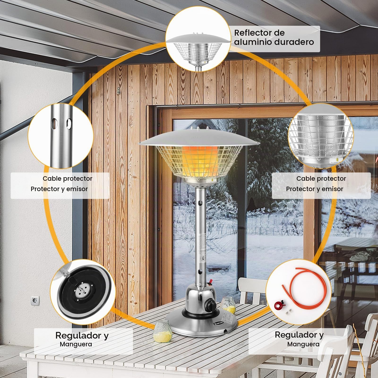 GOPLUS Calefactor radiante de gas inoxidable, calefactor radiante con 4000W de potencia calorífica, protección contra inclinación, con regulador de presión y tubería de gas (Blanco)