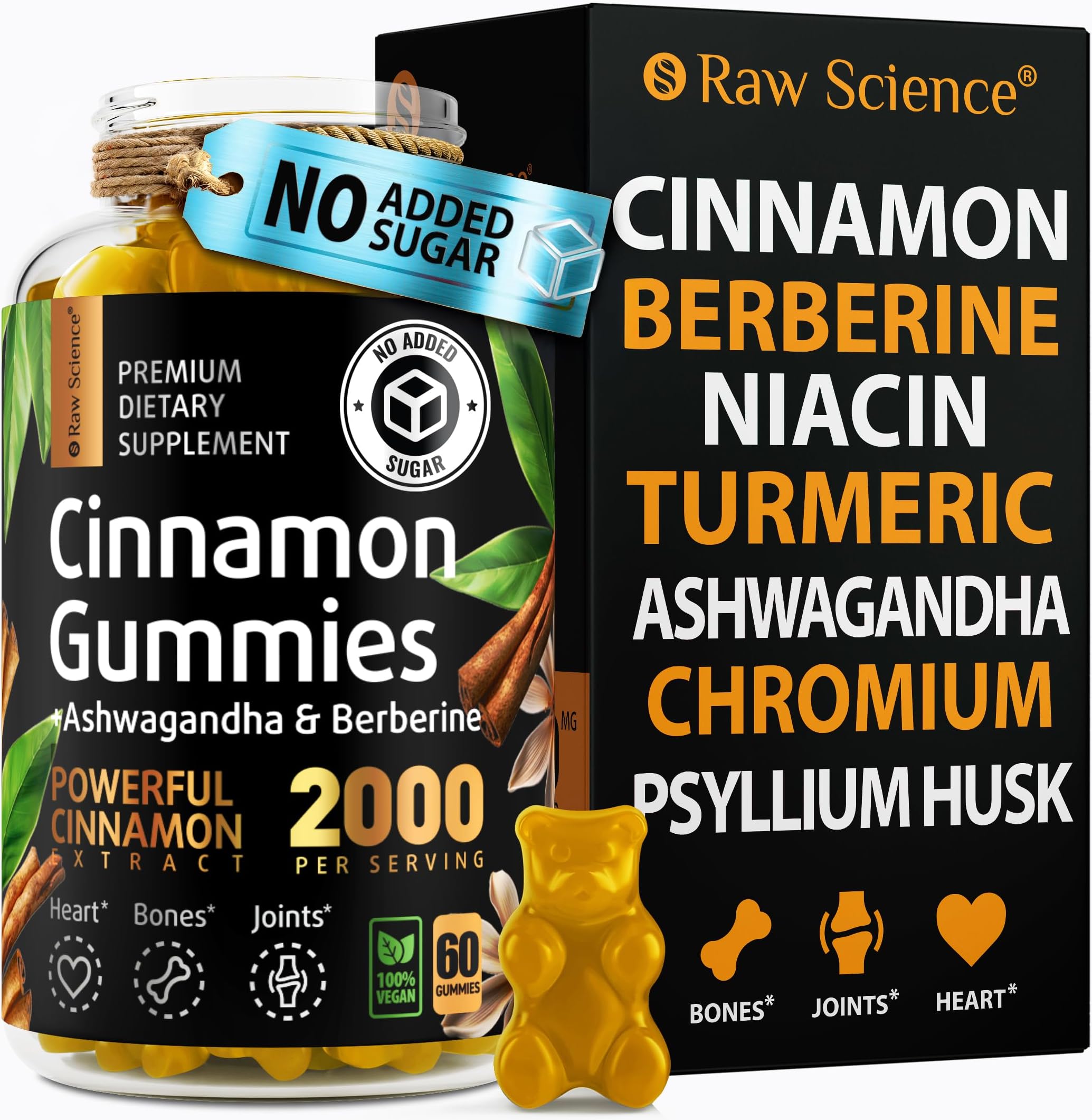 Sugar Free Berberine Gummies with Ceylon Cinnamon 2000mg - Blood Support - Ashwagandha, Turmeric, Chromium, Psyllium Husk Powder, Gymnema Sylvestre - 60 Fiber Gummies