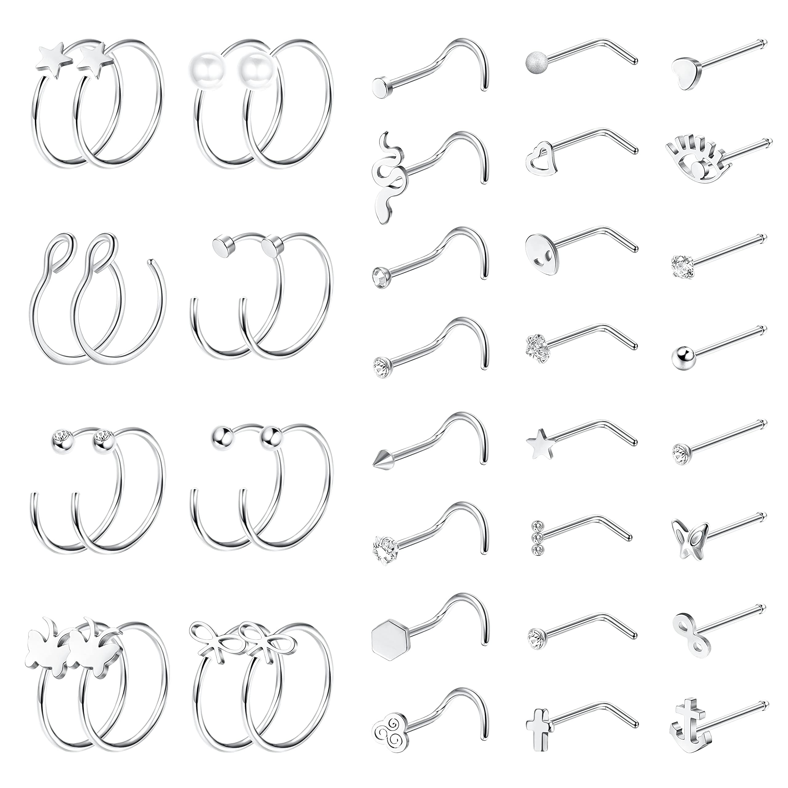Dochais 40-44 Piezas Set Piercing Nariz Acero Inoxidable, Piercing Nariz Forma de L, Piercing Nariz Hipoalergénico, Perno Nariz para Mujeres y Hombres 20G