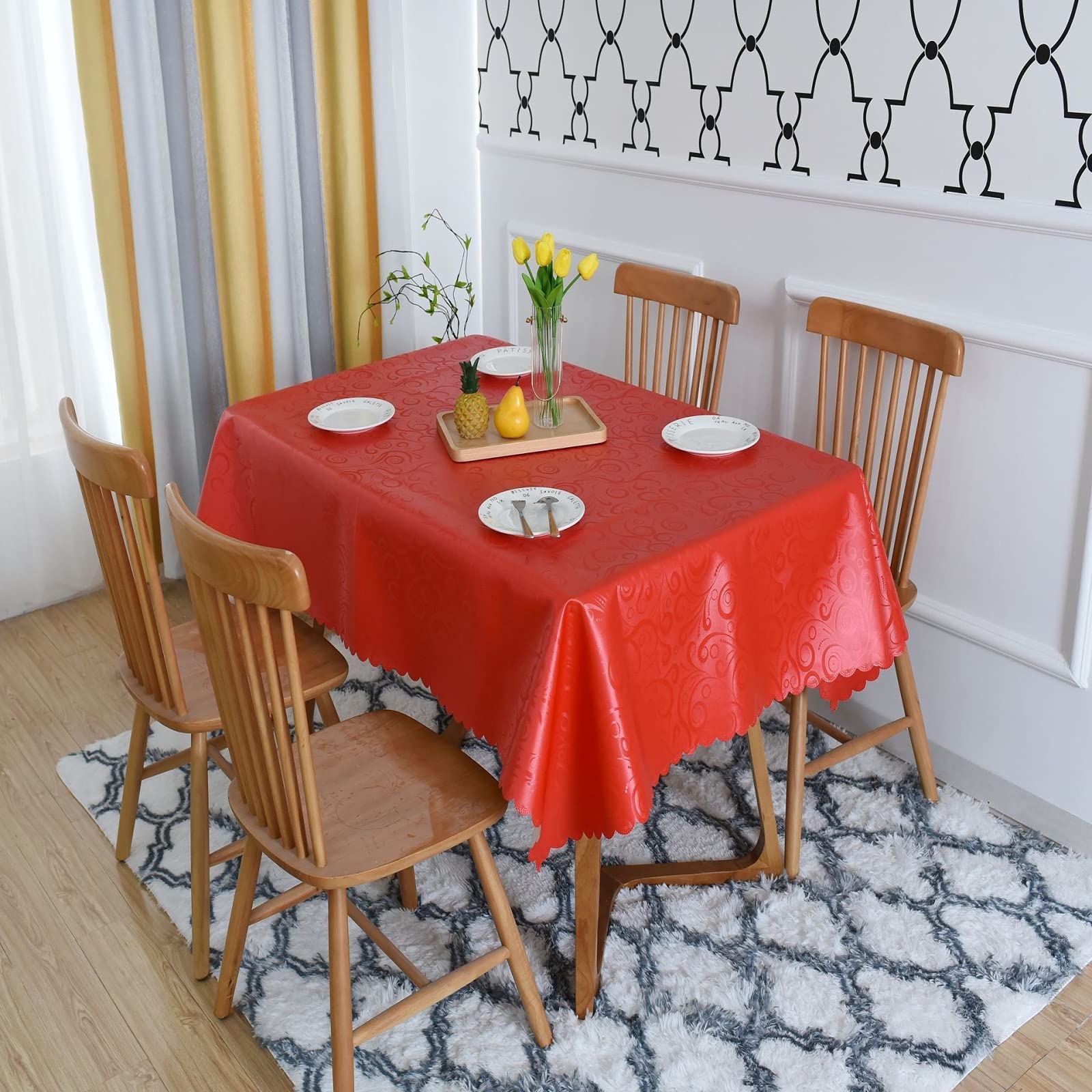 Nappe pour table rectangulaire PU imperméable rouge 130x190 pour fête et repas