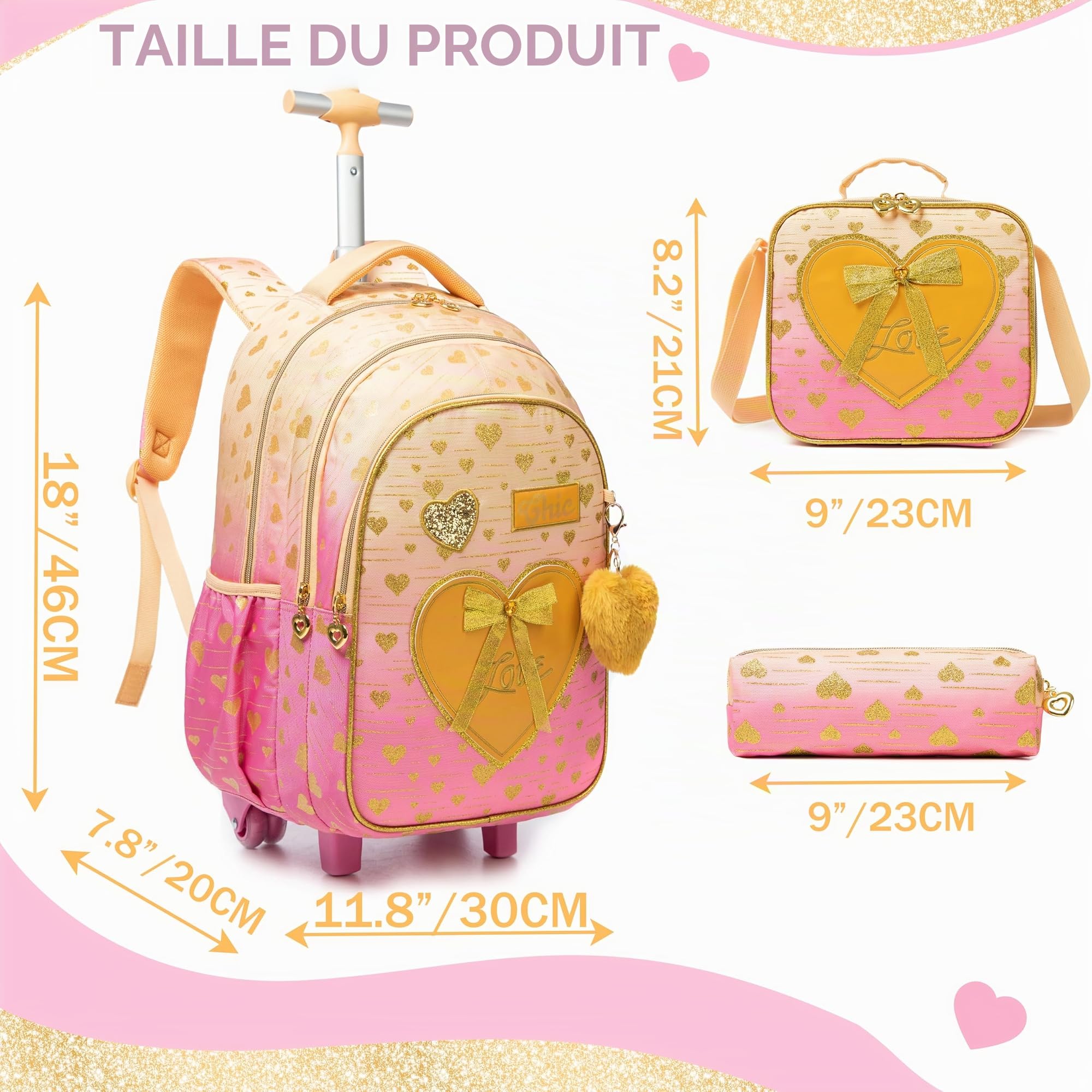 HTgroce Cartable à Roulette Sirène, Set 3 Pièces Sac à Roulette Fille Primaire Scolaire CE2