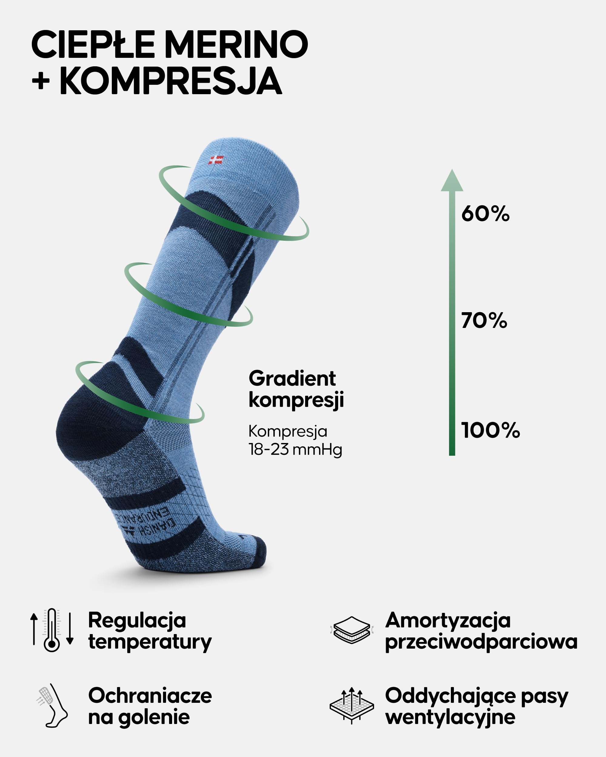 DANISH ENDURANCE Skarpety Narciarskie Kompresyjne z Wełny Merino 18-23 mmHg