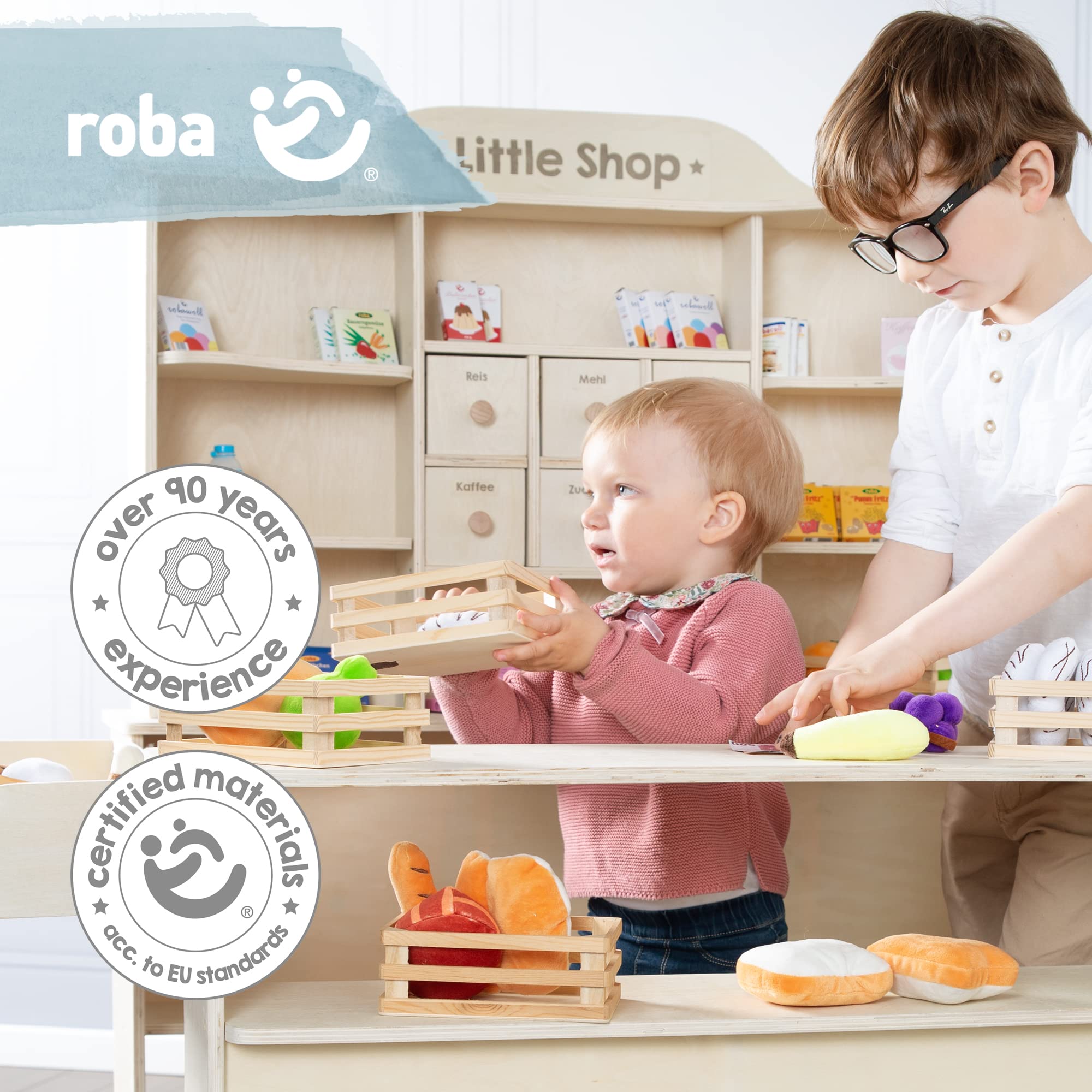 roba Kaufladen, großer Kinder Kaufmannsladen, inkl. Kaufladenzubehör, Holz natur, Verkaufsstand 6 Schubladen, Theke & Seitentheke