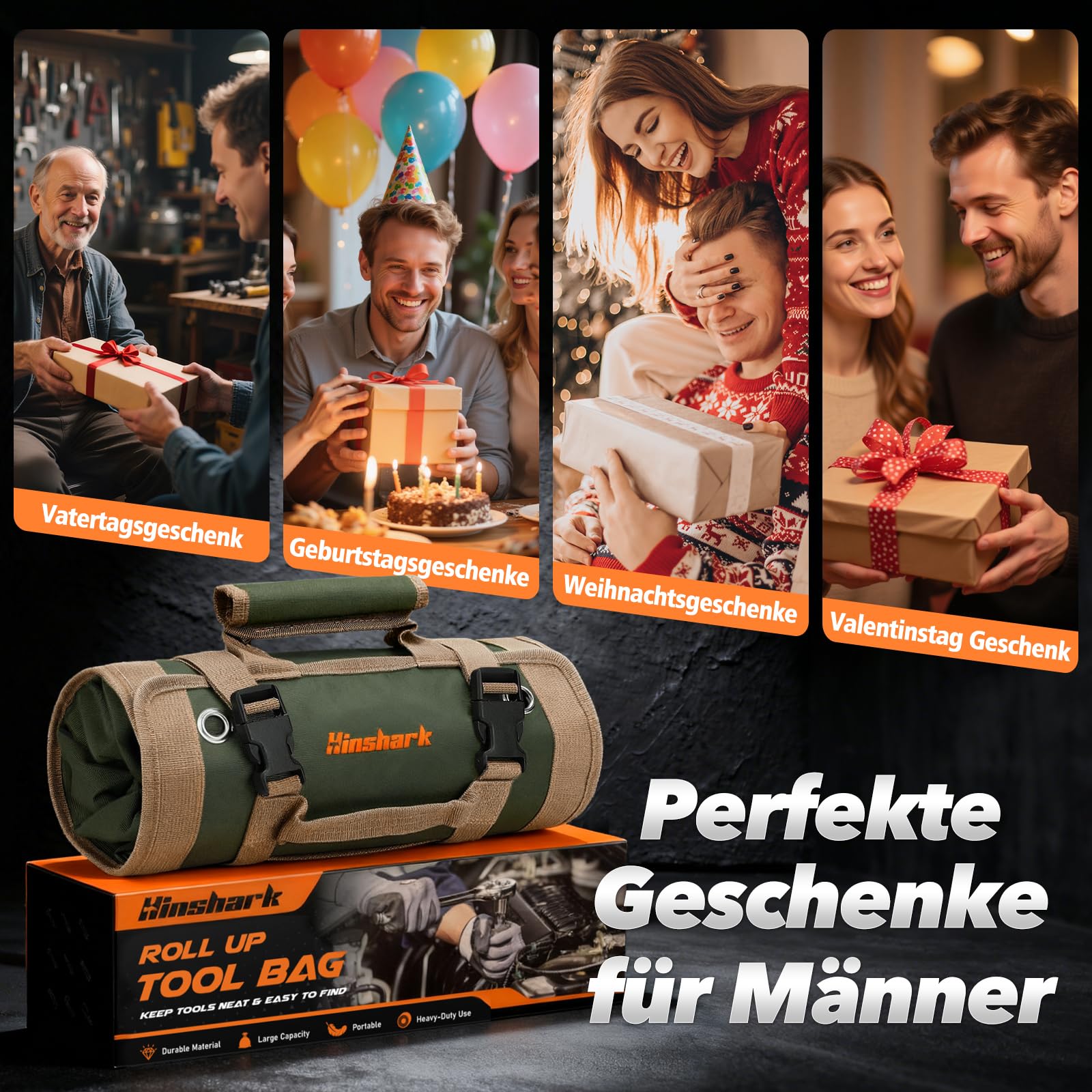 Hinshark Geschenke für Männer, Aufrollbare Werkzeugtasche, Männergeschenke, Geburtstagsgeschenk Gadgets Weihnachtsgeschenke für Männer, Lustige Herren Handwerker Geschenke, Papa Geschenk Weihnachten