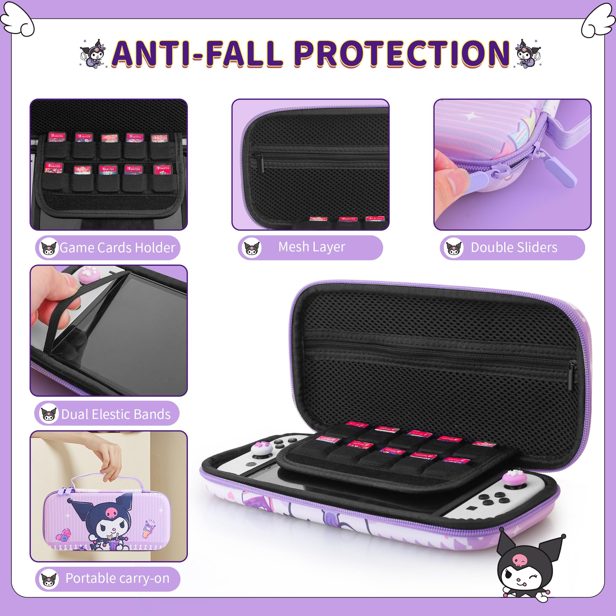 HYPERCASE Fioletowa torba podróżna z przełącznikiem NS/OLED, urocza twarda obudowa na konsolę NS/OLED, uchwyt Joycon, przechowywanie akcesoriów, z 10 przegródkami na karty i 2 nasadkami na kciuki -