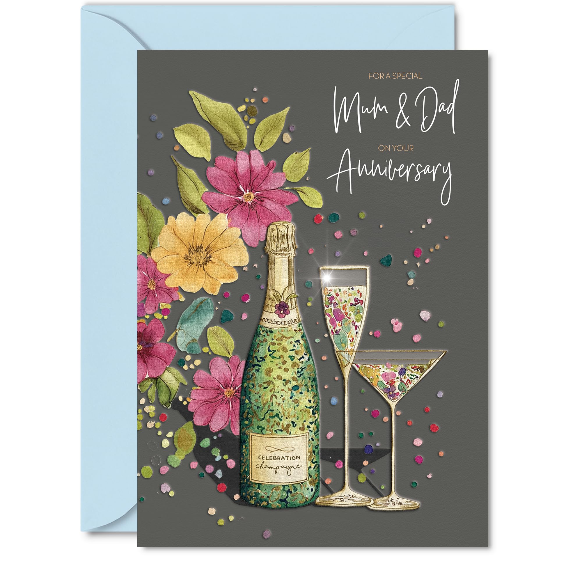 Sentimental Anniversary Card for Mum & Dad - Celebrate Love and Laughter - Vibrant Flowers and Champagne Motif - A Joyful Keepsake for Mum & Dad - 5X7 Inch, Envelope Included