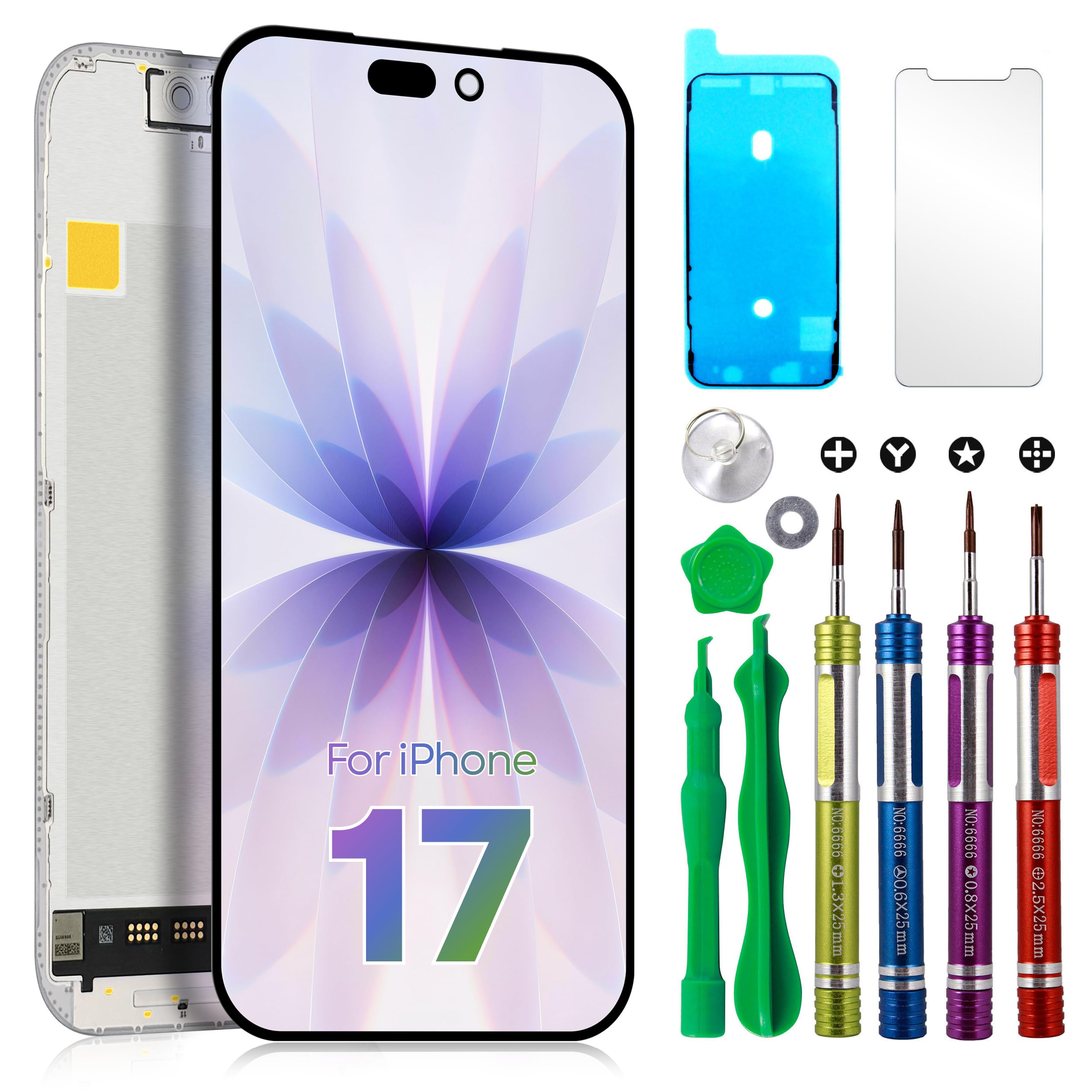 Ace Tech Cellular Soft OLED Screen Replacement for iPhone 17 (A3258/A3519/A3521/A3520) 6.3" Touch & Digitizer Assembly w/Frame, Repair Kit, Tempered Glass & Adhesive