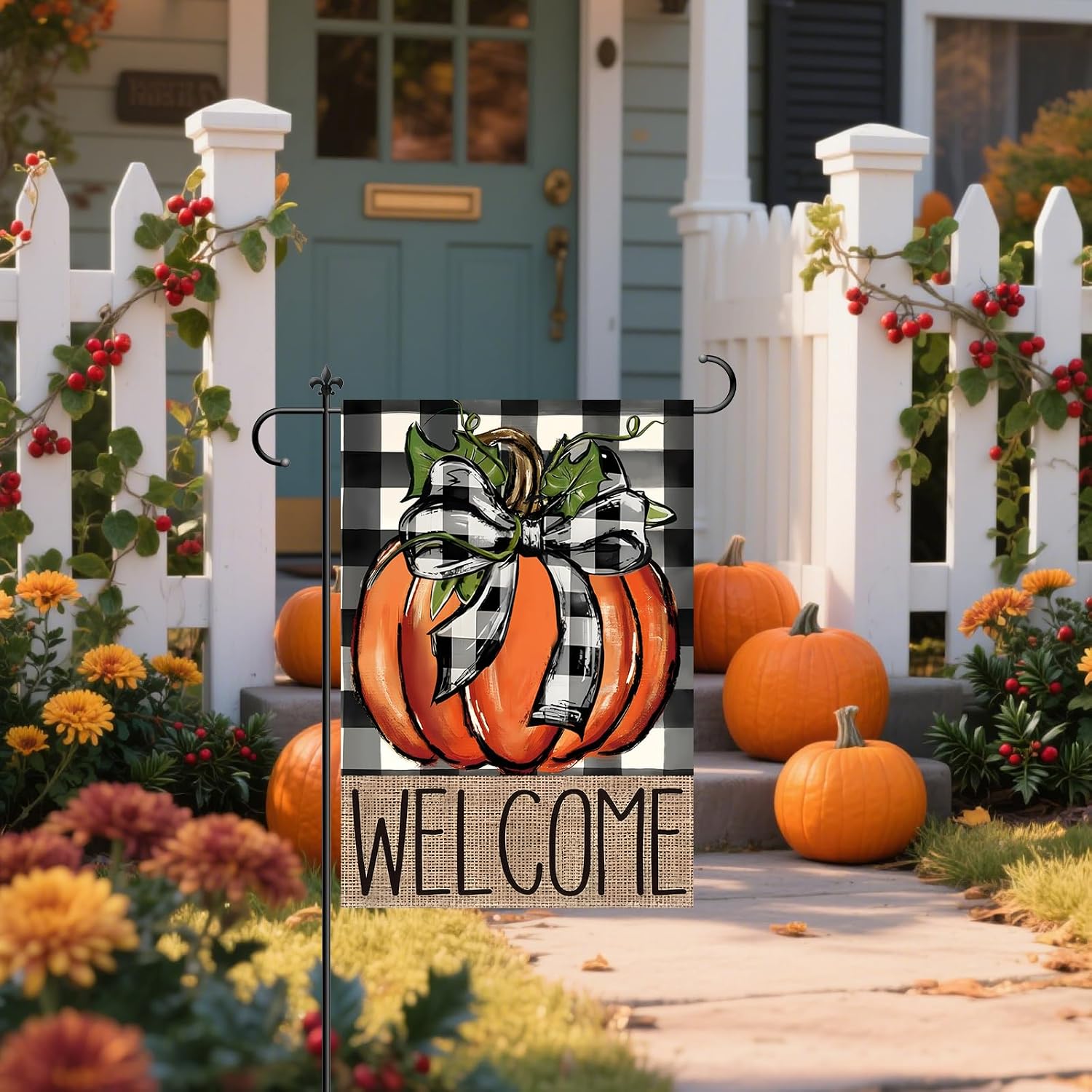 Garden Flag Pumpkin Buffalo Plaid | Fall Garden Flags for Outside 12x18