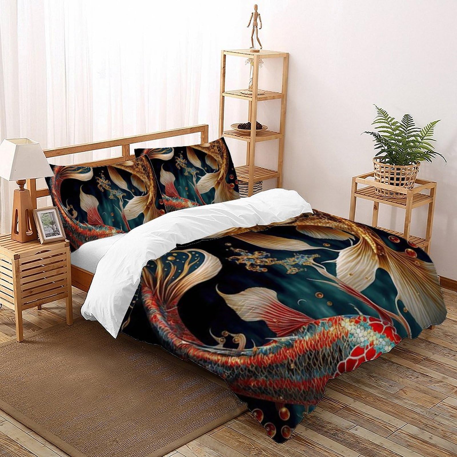 Housse de couette anti-plis grand lit 260x220cm parure microfibre animaux océan
