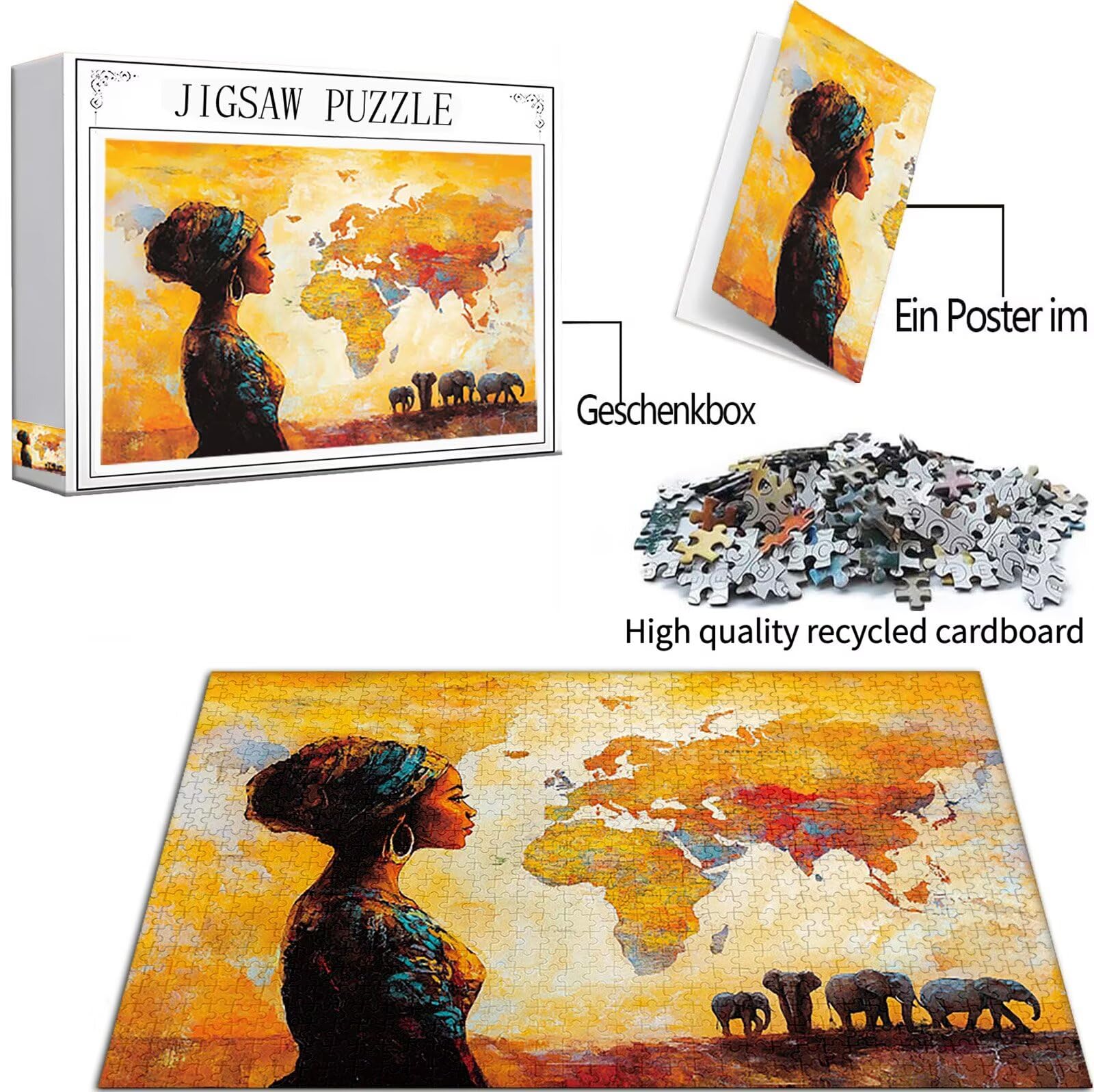 Africa Puzzle 1000 Pezzi Grandi Dimensioni per Adulti, Puzzle Donna Motivo Progettazione con Compact Box e Poster Incluso per Home Room Wall Decor Regalo Donna Men Gifts, Legna Jigsaw 75x50cm,Model218