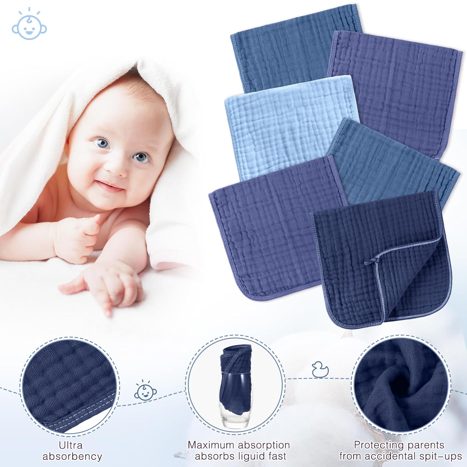 Buryeah Muslin 20 Pcs Burp Cloths Large 20" x 10" 100% Cotton 6 Layers Ultra Absorbent and Soft Hand Washcloths for Baby Drool and Messes Gentle Burp Cloth for Boys & Girls(Deep Color)