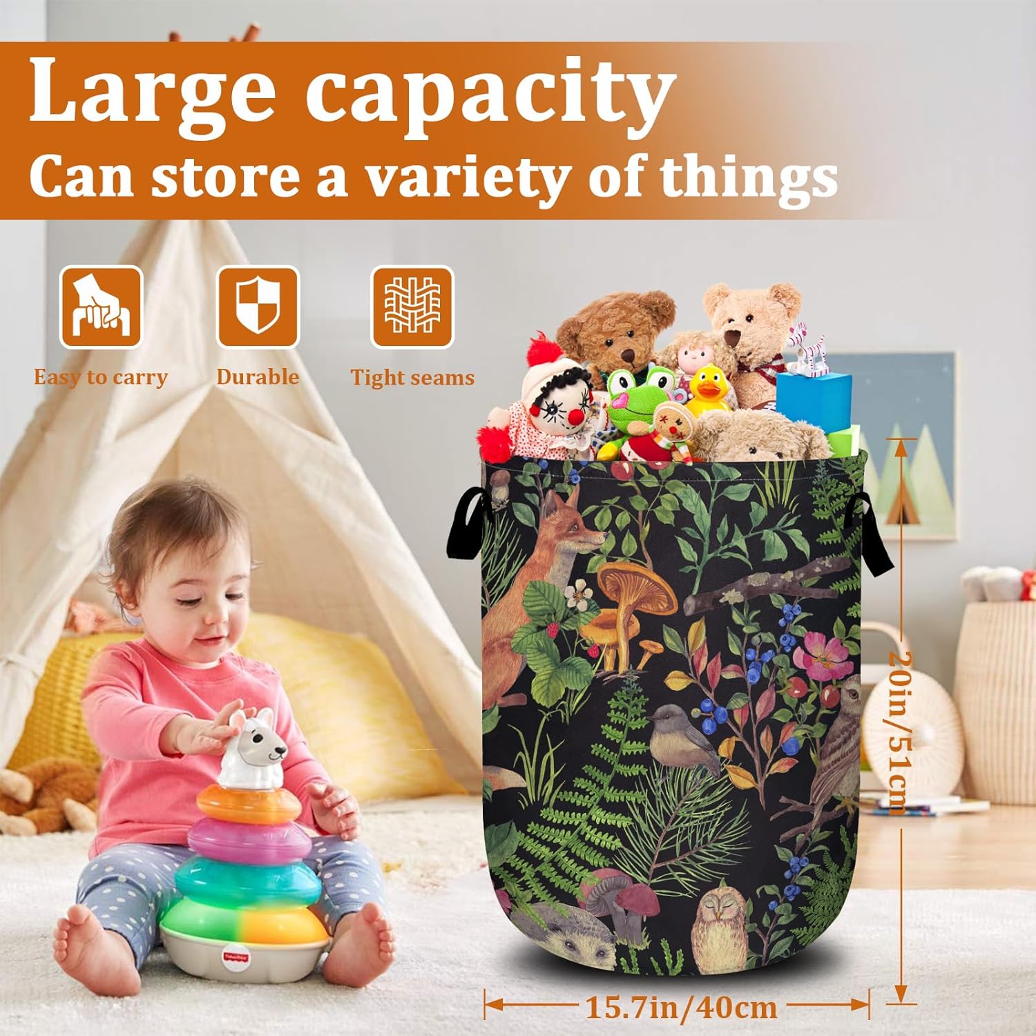Leaves Mushroom Flower Laundry Basket with Sturdy Handles, Fox Bird Owl Collapsible Oxford Cloth Laundry Hamper Organizer Basket for Bathroom Bedroom 15.7x20 Inch