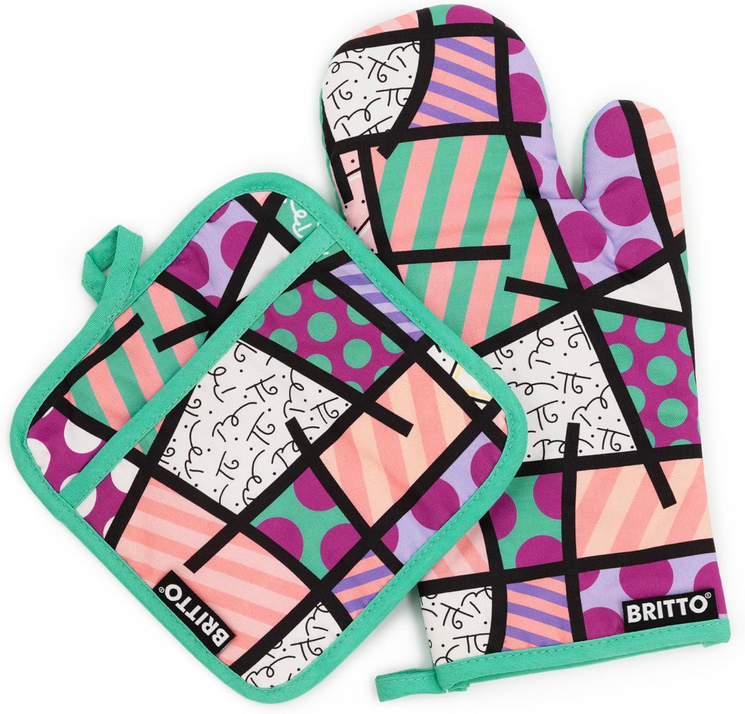 Britto Oven Mitt & Potholder Set - Designed by Romero Вrіtto (Pink Teal Landscape)