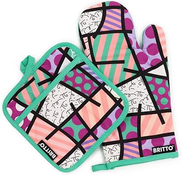 Britto Oven Mitt & Potholder Set - Designed by Romero rtto Pink Teal Landscape