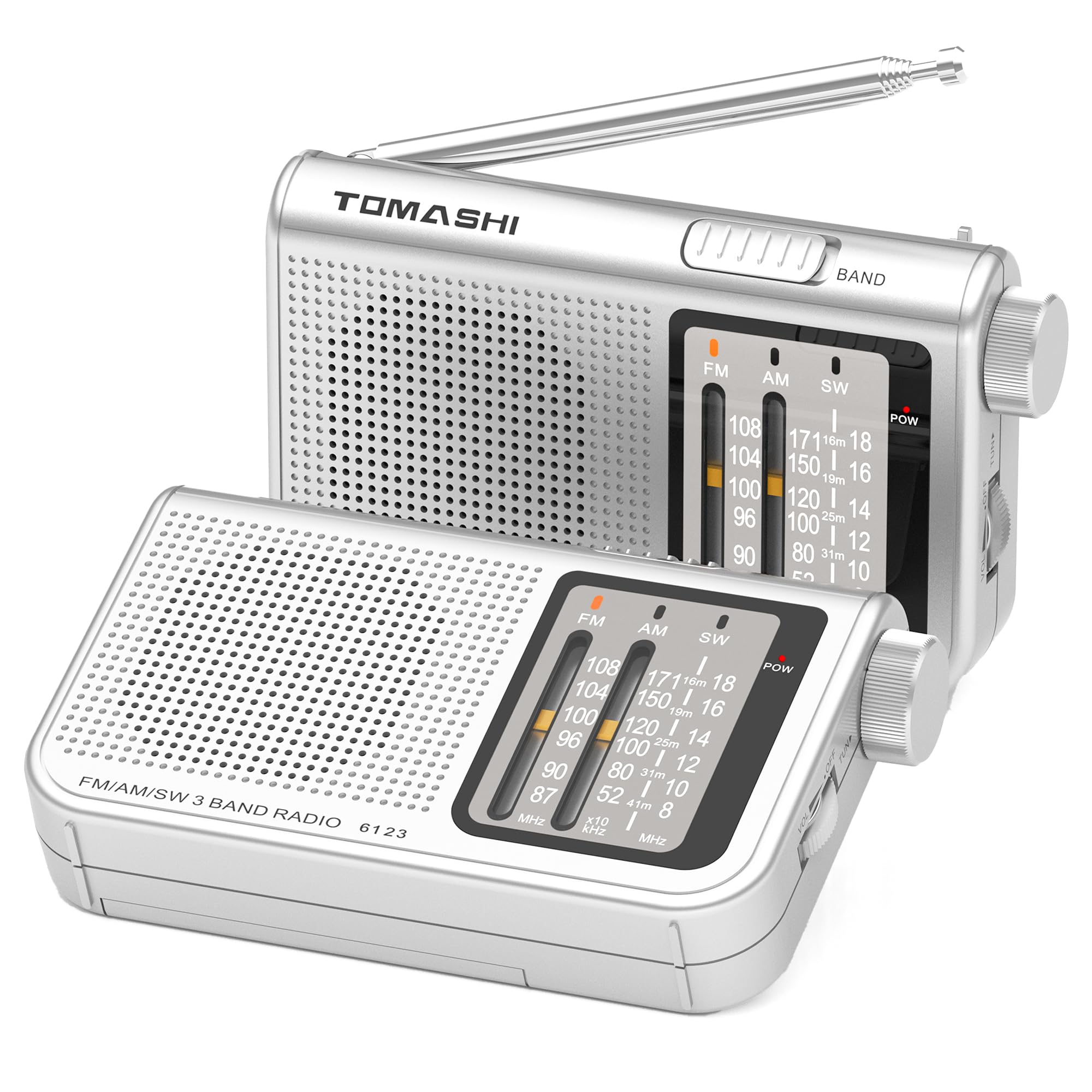 – TOMASHI Portable AM FM Shortwave Radio – 3-Band Transistor Radio with Telescopic Antenna, Large Tuning Knob, Battery Powered, 3.5mm Headphone Jack