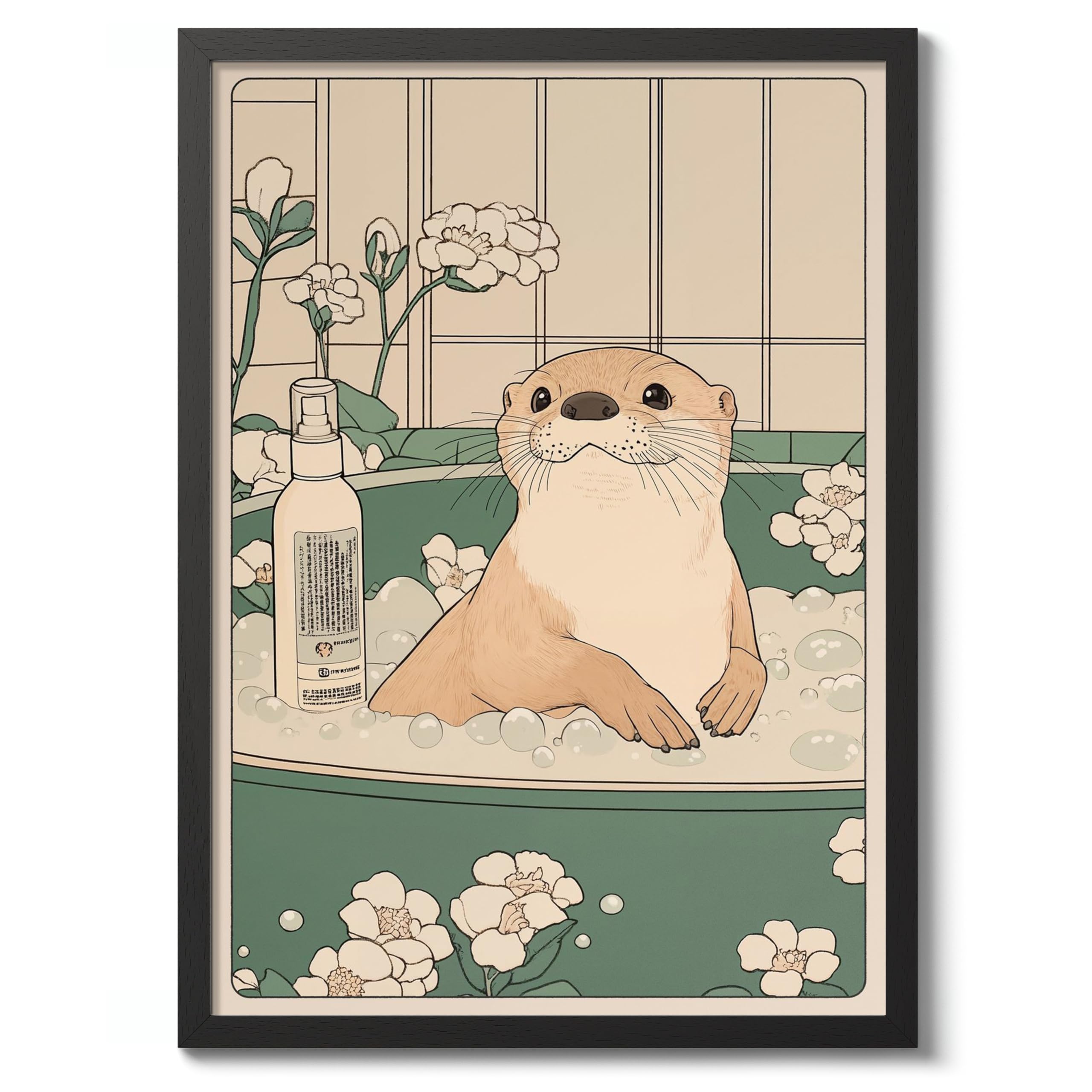Otter Bathtime Anime Animal Poster, Funny Bathroom Wall Art Print, Manga, Bathroom Wall Art, Toilet Decor, A4 (Black Frame) - 32.7x24.1cm