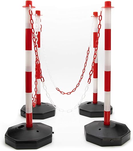 6er-Set Absperrpfosten Mit Ketten - Rot/Weiße Verkehrssicherung Für Parkplatz & Baustelle