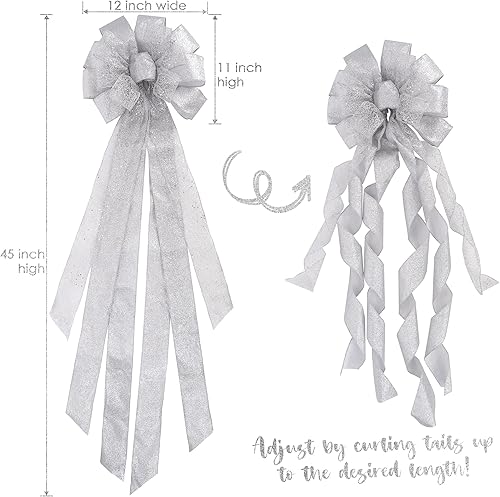 Miniatura 3 de MEEDEE Lazos de Navidad plateados para árbol, gran lazo plateado, 12 pulgadas de ancho, lazo plateado para árbol de Navidad, lazo de red plateada