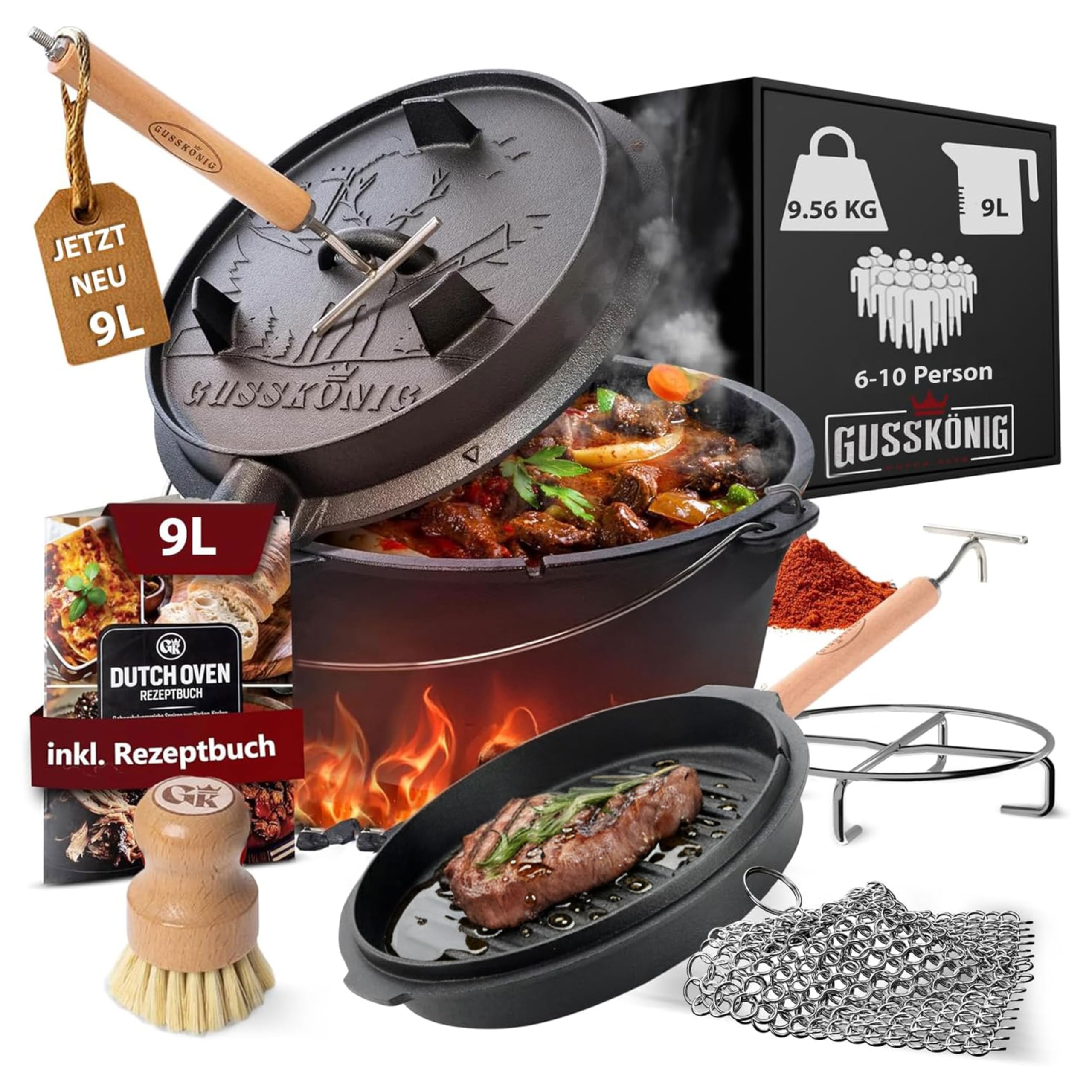 GUSSKÖNIG Dutch Oven Set–Eingebrannter Dutch Oven 9L [6-10 Person]–Feuertopf Gusseisen ohne Füße–Schmortopf Doppelfunktion–2in1 Deckelheber,Untersetzer,Ringreiniger,Bürste,Rezeptbuch-30 Jahre Garantie