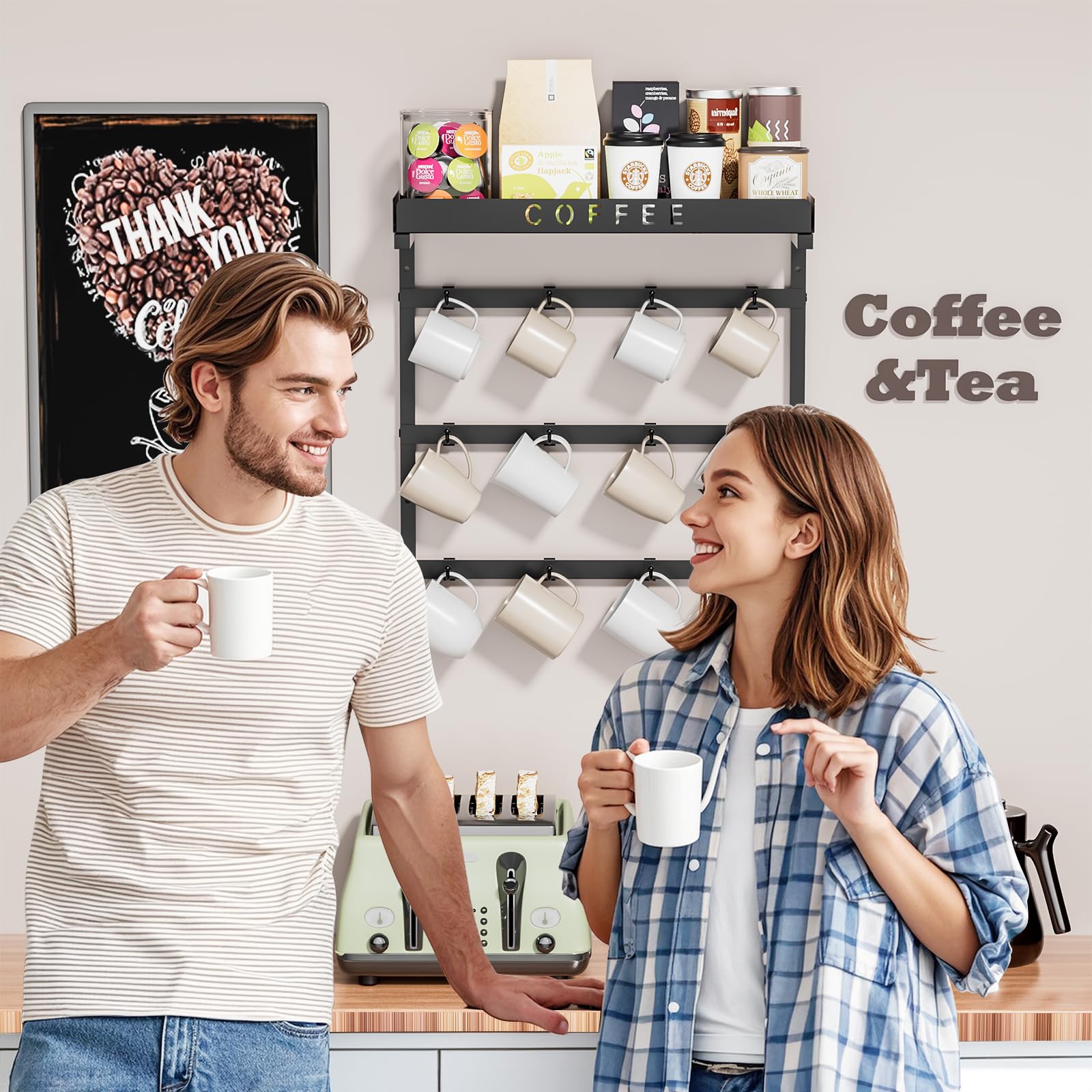 RCHYFEED Support mural pour tasses à café, 12 crochets réglables pour réduire les collisions, tasse pour la maison, la cuisine, l'affichage et la collection, panier supérieur de rangement pour