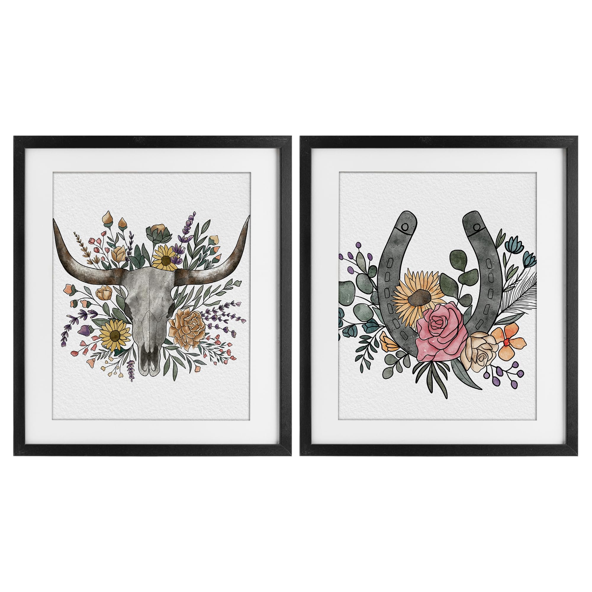 Stupell Industries Midnight Black (Textured) 'Boho Longhorn & Horseshoe'| 2Pc Framed Print Under Glass Set