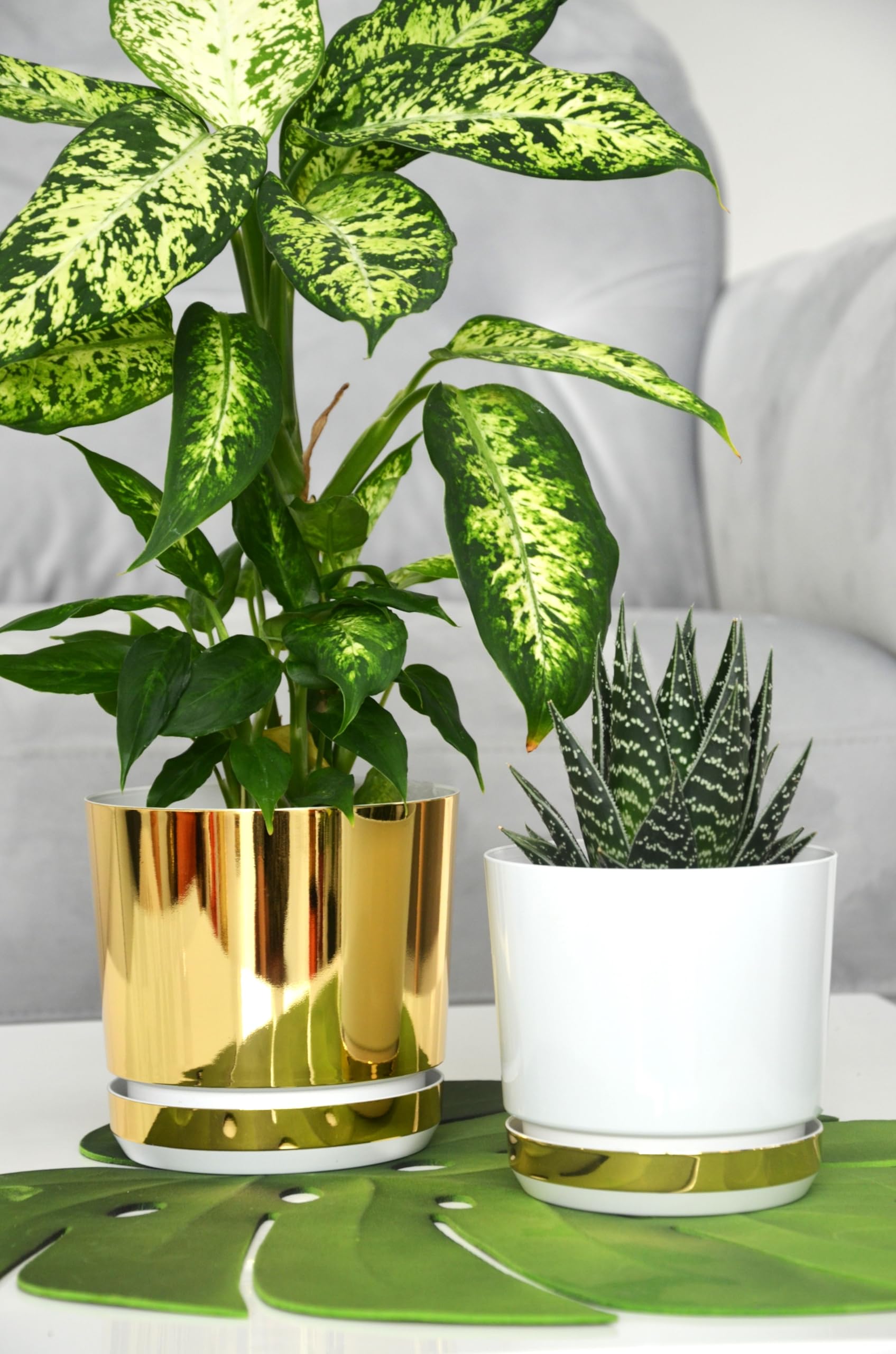 KERD Très Grand Pot de Fleurs 32 cm, Style Glamour Couleur Or Champagne, Finition Brillante pour Plantes, Rond avec Soucoupe, Fabriqué en Europe, Plastique Recyclé