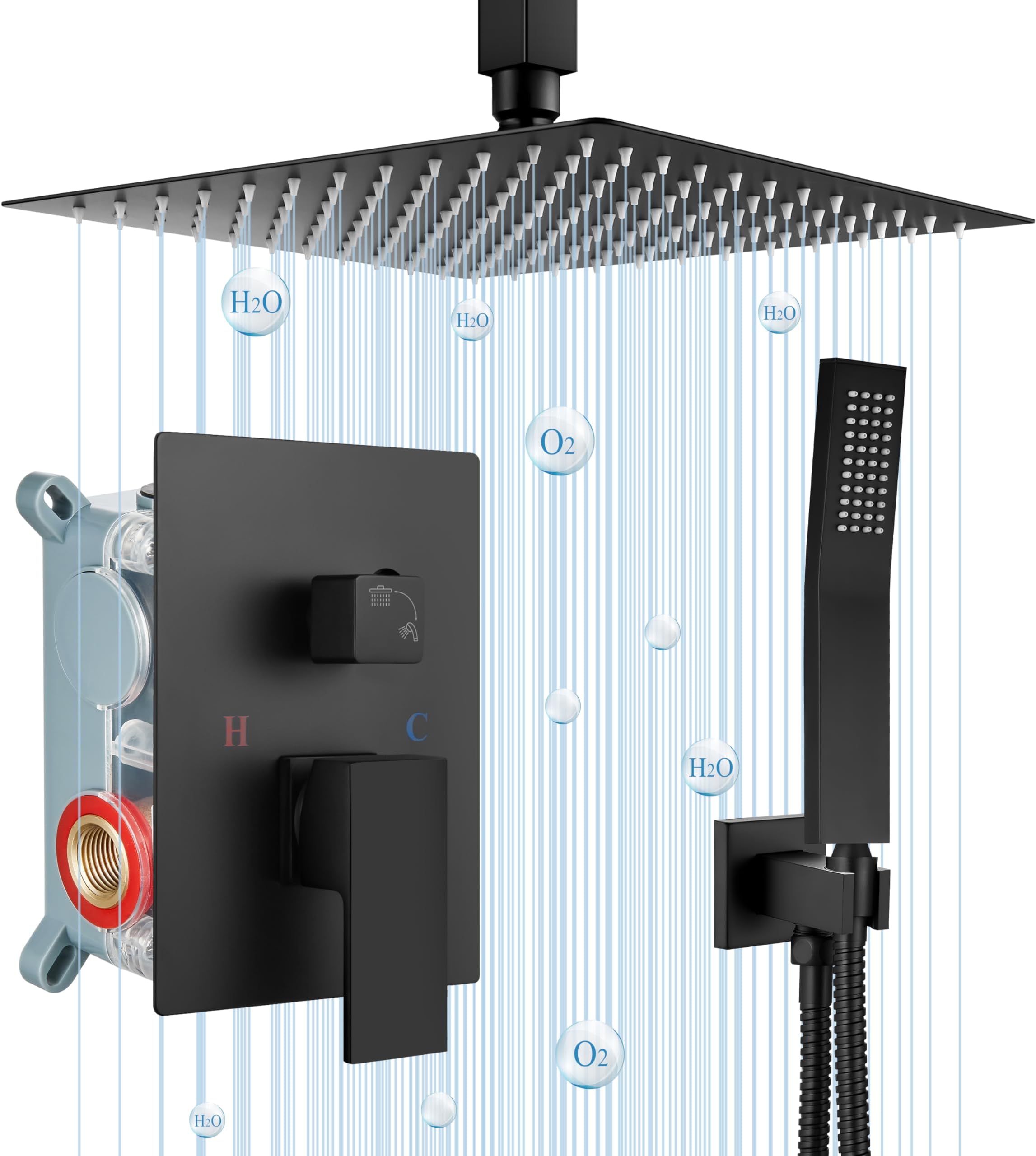 Airuida Matte Black 12 Inch Rainfall Shower System, Ceiling Mount Shower Faucet, Bathroom Shower Fixture with SUS304 Ultra-thin Rainfall Shower Head, Brass Handheld Shower Mixer with Rough-in Valve