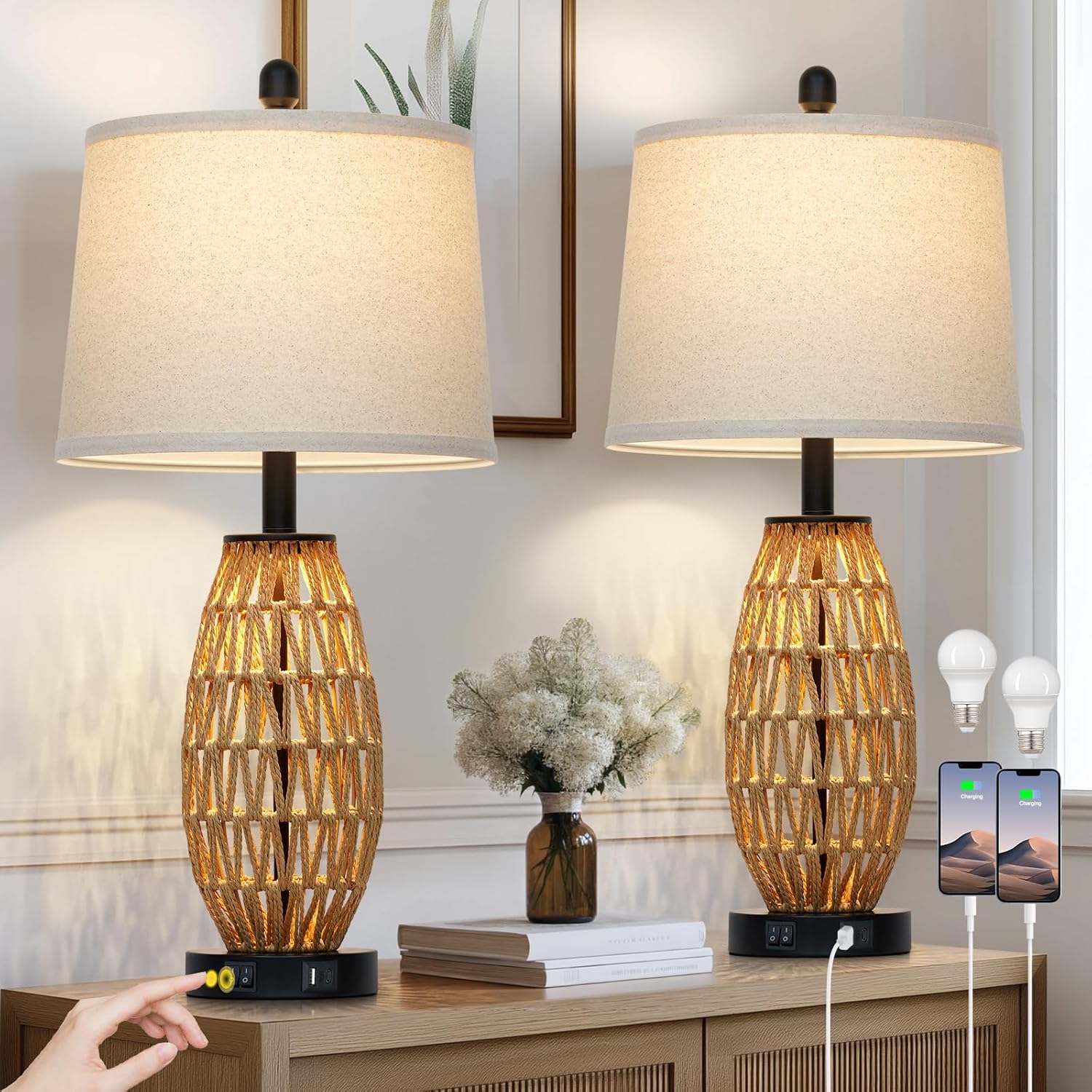 27" Rattan Table Lamps Set of 2, Boho Bedside Lamp for Bedroom with Night Light, Coastal Woven Wicker Nightstand Lamps with USB A+C Charging Port, Tall Farmhouse Living Room Lamp