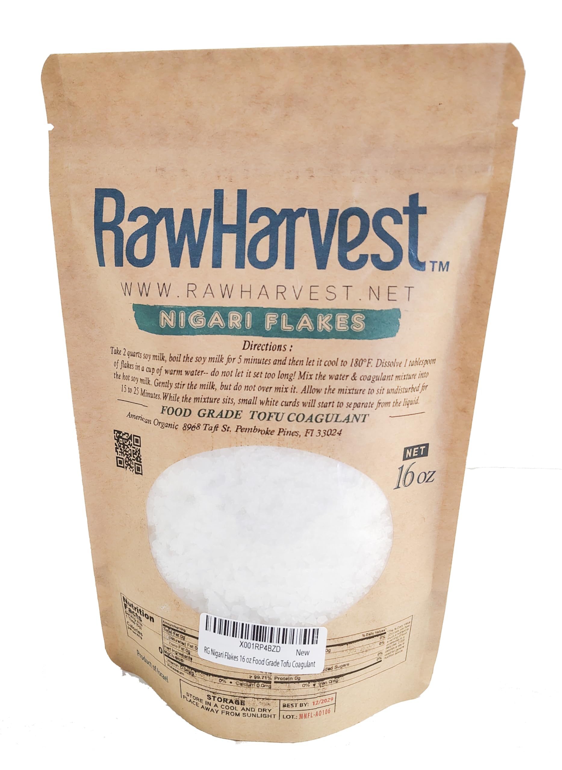 RawHarvest Nigari Flakes 16 oz (1 Lb) Food Grade Tofu Coagulant,Product of Czech Republic, or Israel.