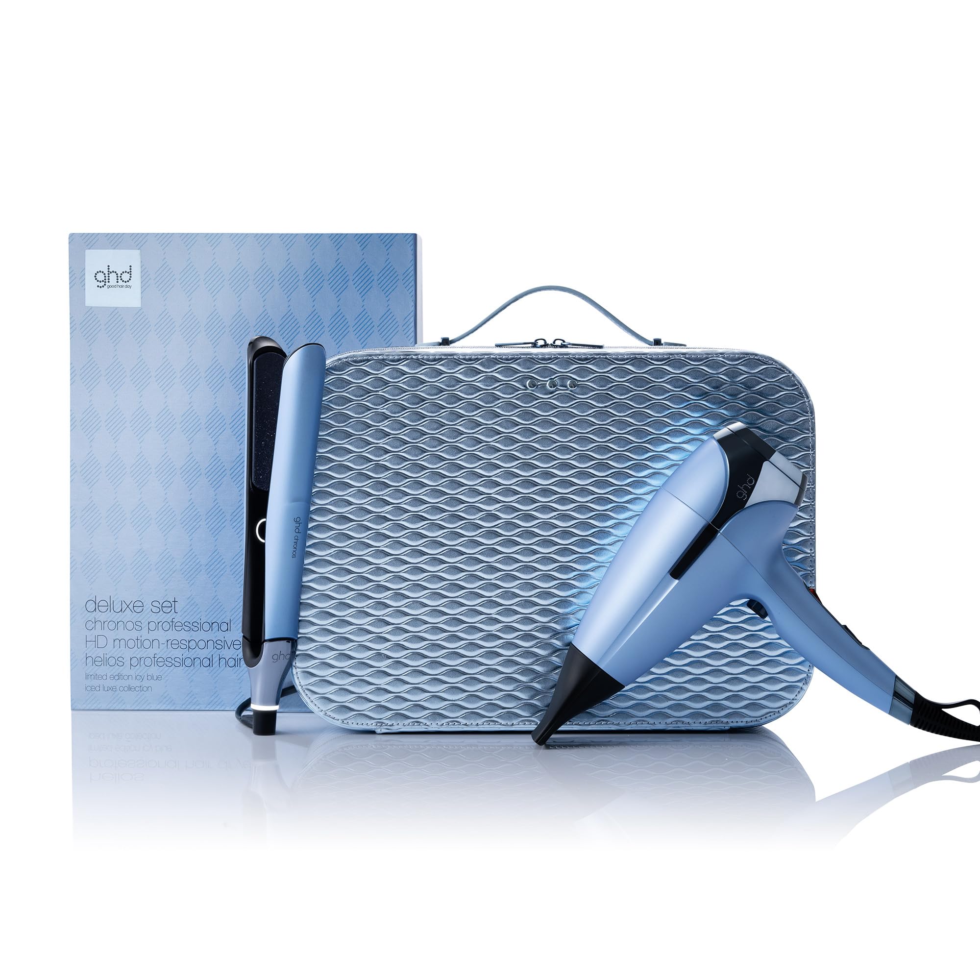ghd deluxe Iced Luxe Collection - Cofre de regalo plancha de pelo chronos y secador de pelo profesional helios, edición limitada 2024, color azul gélido