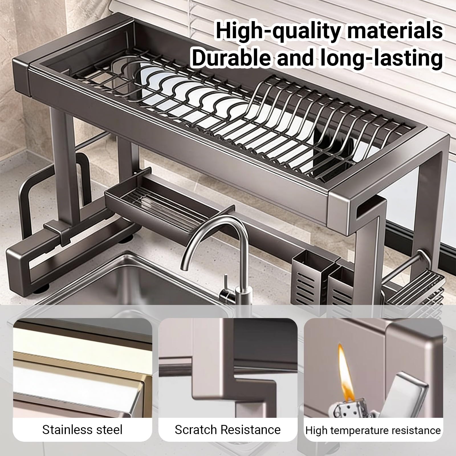 Escurridor de platos de acero inoxidable para encimera, escurridor de platos para vasos, cuencos y cubiertos