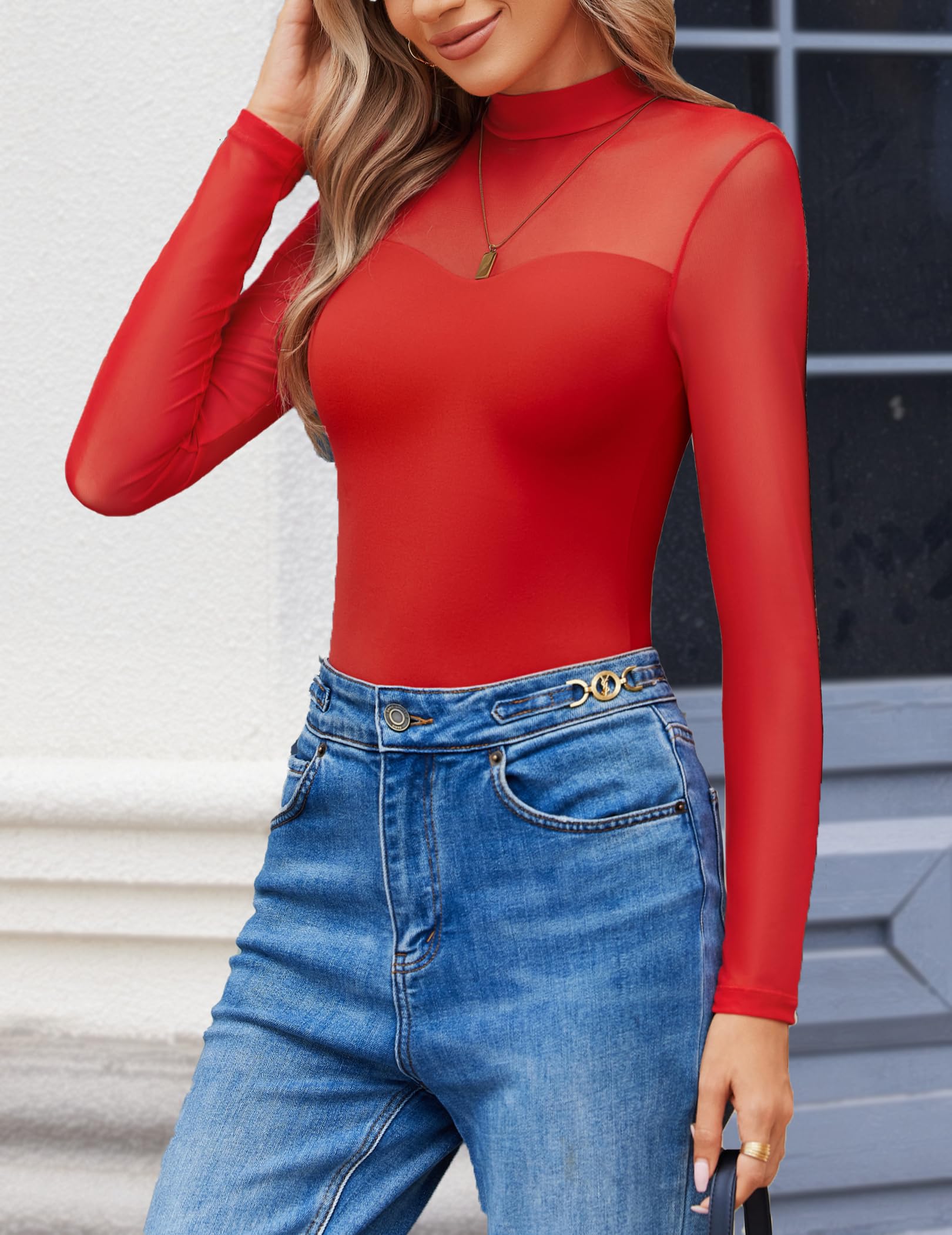 Avidlove Body de manga larga para mujer, cuello alto falso, manga de malla transparente, leotardo de doble forro, camiseta para salir