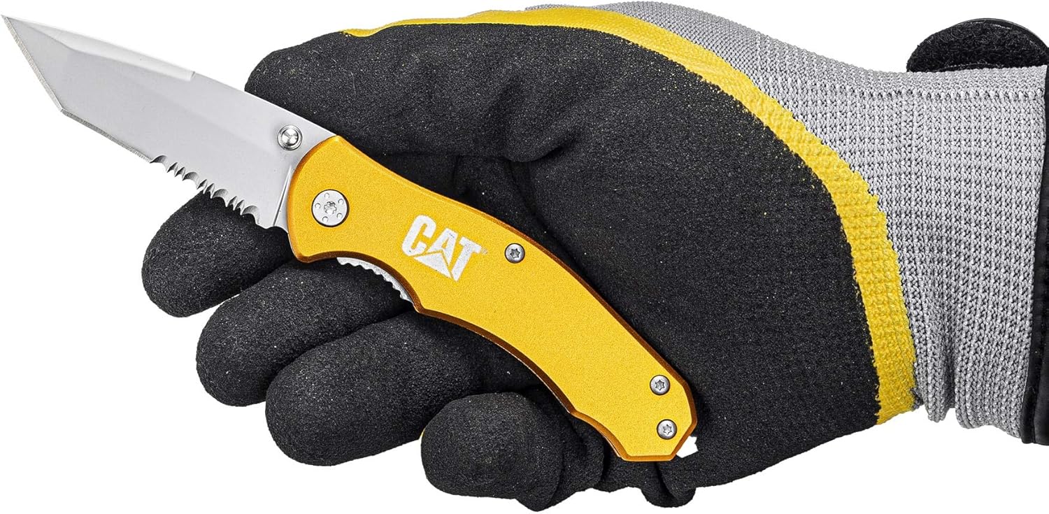 Cat 6-5/8-Inch Tanto Blade Folding Knife – 5Cr15MoV Stainless Steel, Gold Anodized Aluminum Handle, Dual Thumb Stud, Pocket Clip, Liner Lock – EDC Folding Knife - 980011