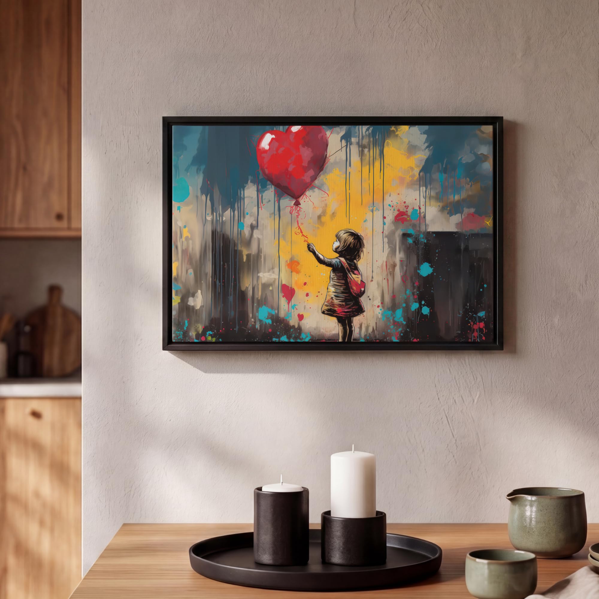 OnlyWow© Lienzo Con Marco De Madera 30x20 cm Cuadros Decorativos Salon Modernos Dormitorio Lienzos Canvas Living Room Wall Art Pasillo Chica - Globo - Corazón - Graffiti