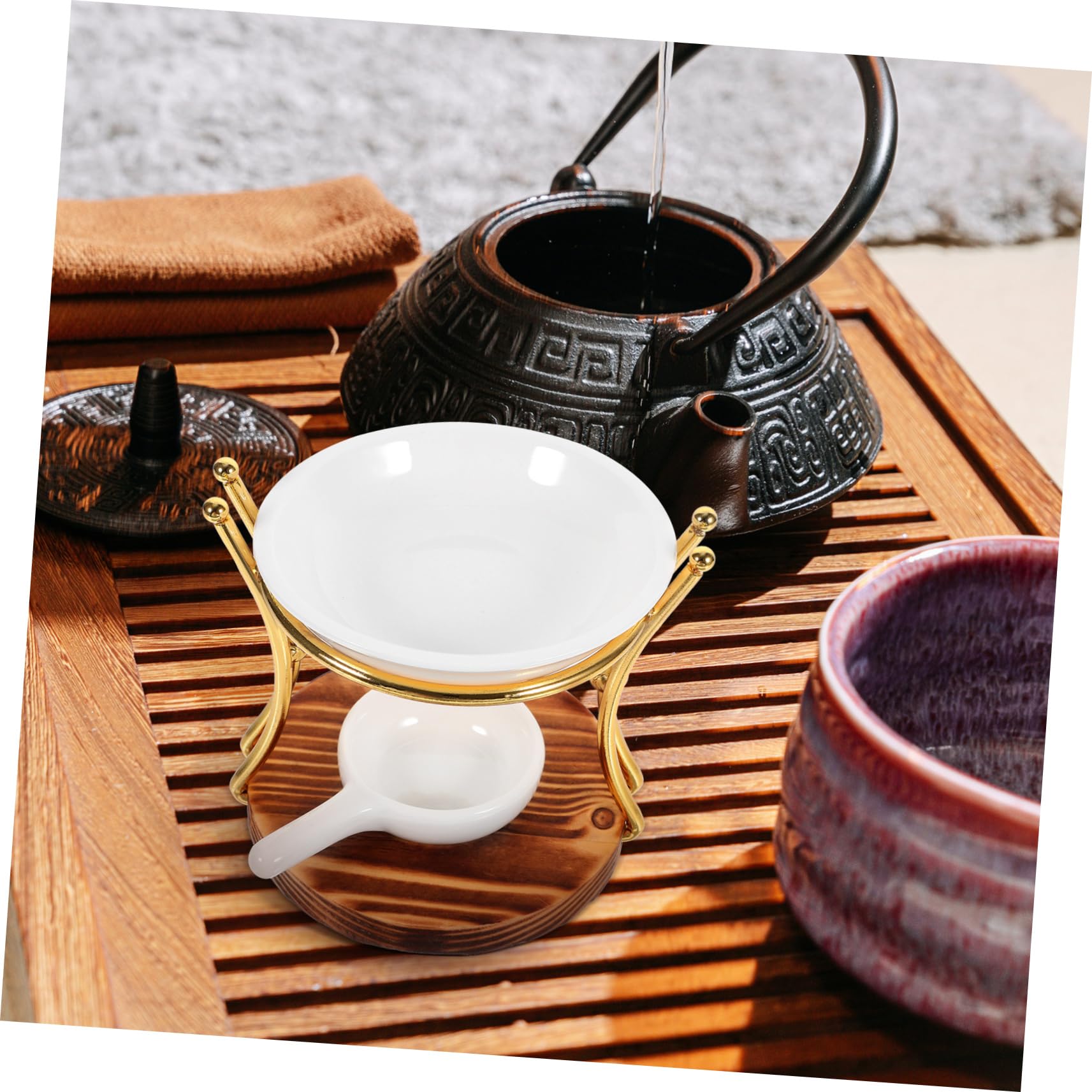 Quemador de Velas de Cerámica para Té con Base de Madera y Hierro, Quemador de Cera y Aceites Esenciales para Aromaterapia Hogar