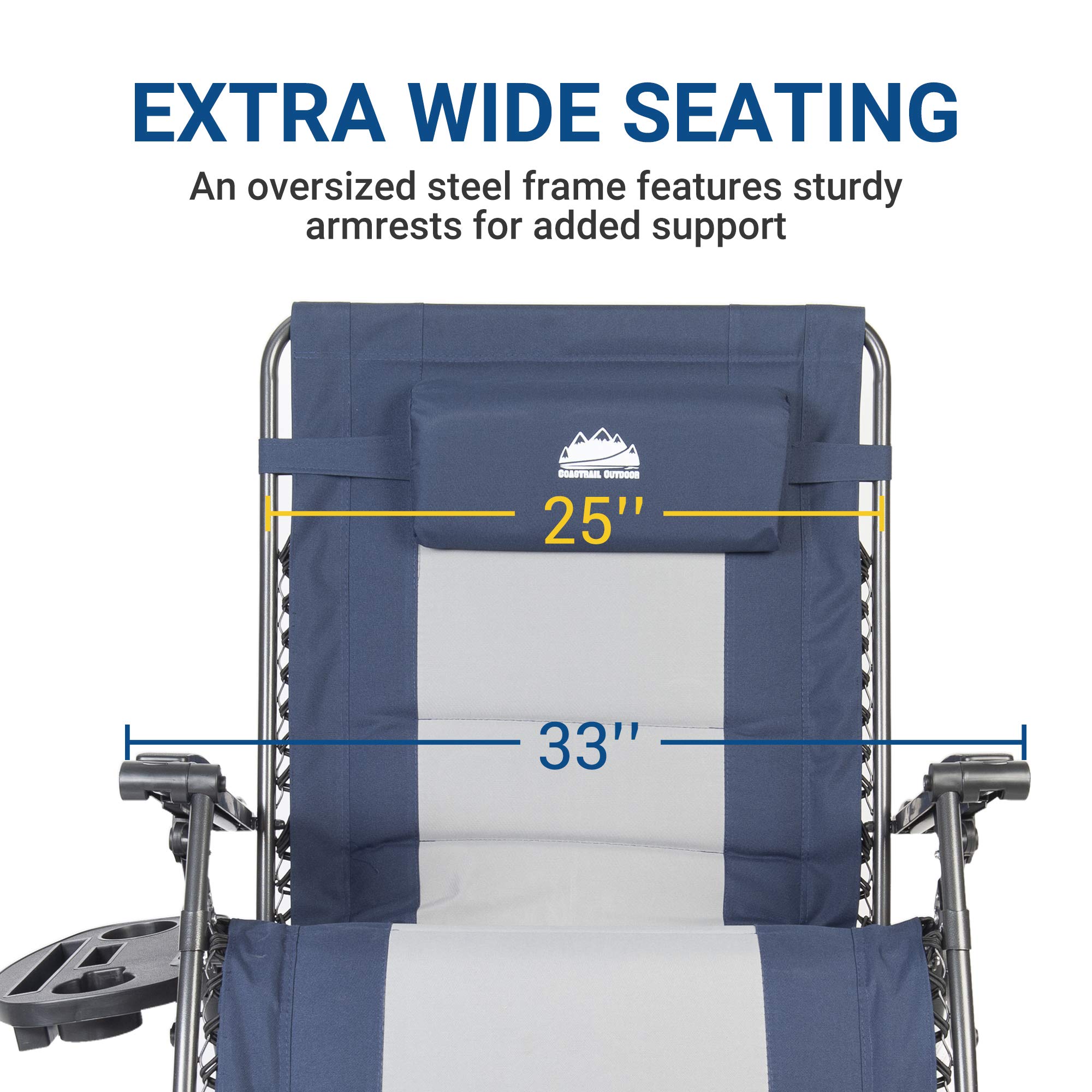 Coastrail Outdoor Zero Gravity Extra Large Armrest XXL Camping Lounge Patio Support 500lbs Padded Reclining Folding Lawn Chair with Side Table, Blue/Gray