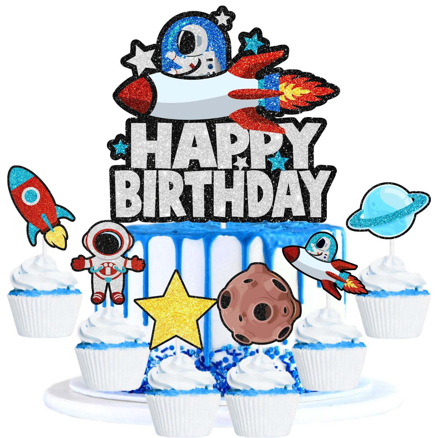 Astronaut Space Theme Cake Topper Set - Rocket Planet Birthday Party Decor For Boys & Girls