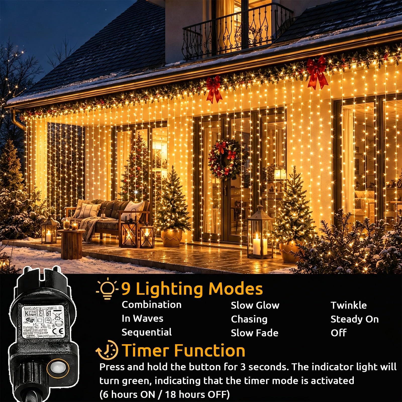 yowin Guirlande Lumineuse 2 Pièces 3m x 3m 300 LED Rideau Lumineux Noël | 8 Modes et Timer Rideau LED pour Décoration Chambre Noël Mariage Extérieur Interieur - Blanc Chaud