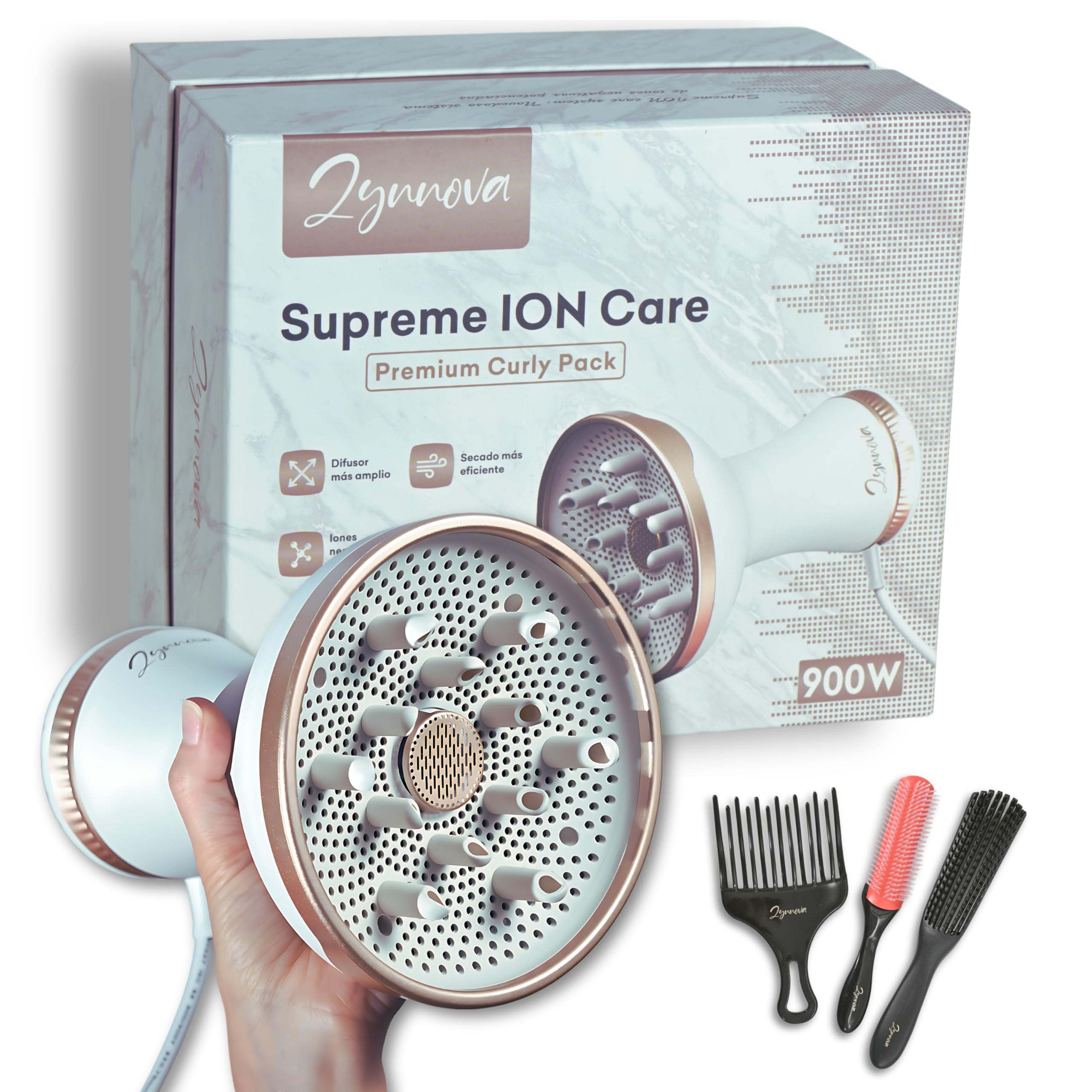 Zynnova Difusor Pelo Rizado, Secador Pelo Rizado Profesional 900W, PACK PREMIUM CURLY METHOD + 3 Peines/Bolsas de Viaje, 6 Modos de Secado, 12 Dedos con Apertura Omnidireccional, Supreme Ion Care Tech