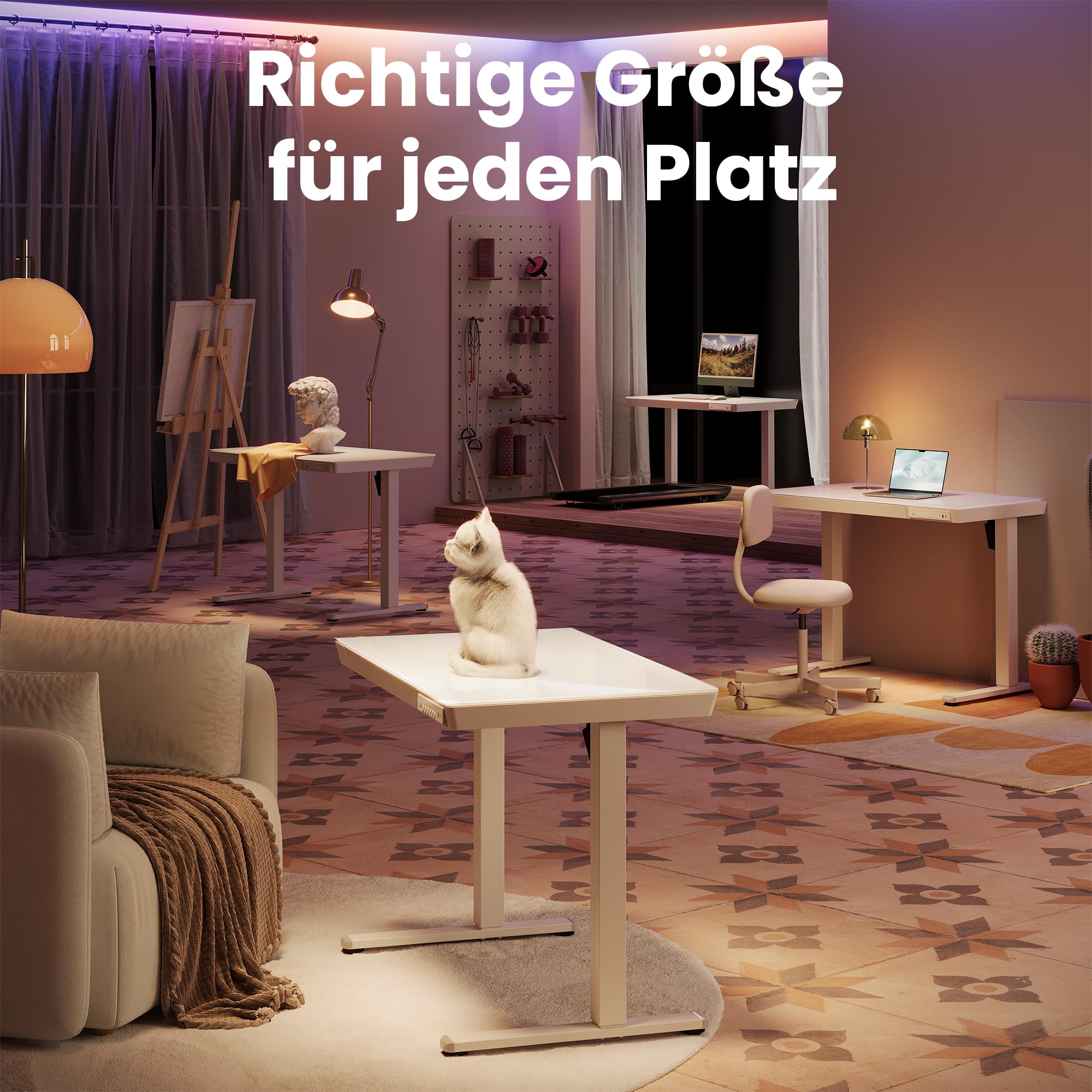 HUANUO 88 x 50 cm Glas Höhenverstellbarer Schreibtisch mit Schublade, Höhenverstellbarer Schreibtisch Ganze Tischplatte, USB-Aufladeanschluss und 3 Memory-Funktion, Weiß