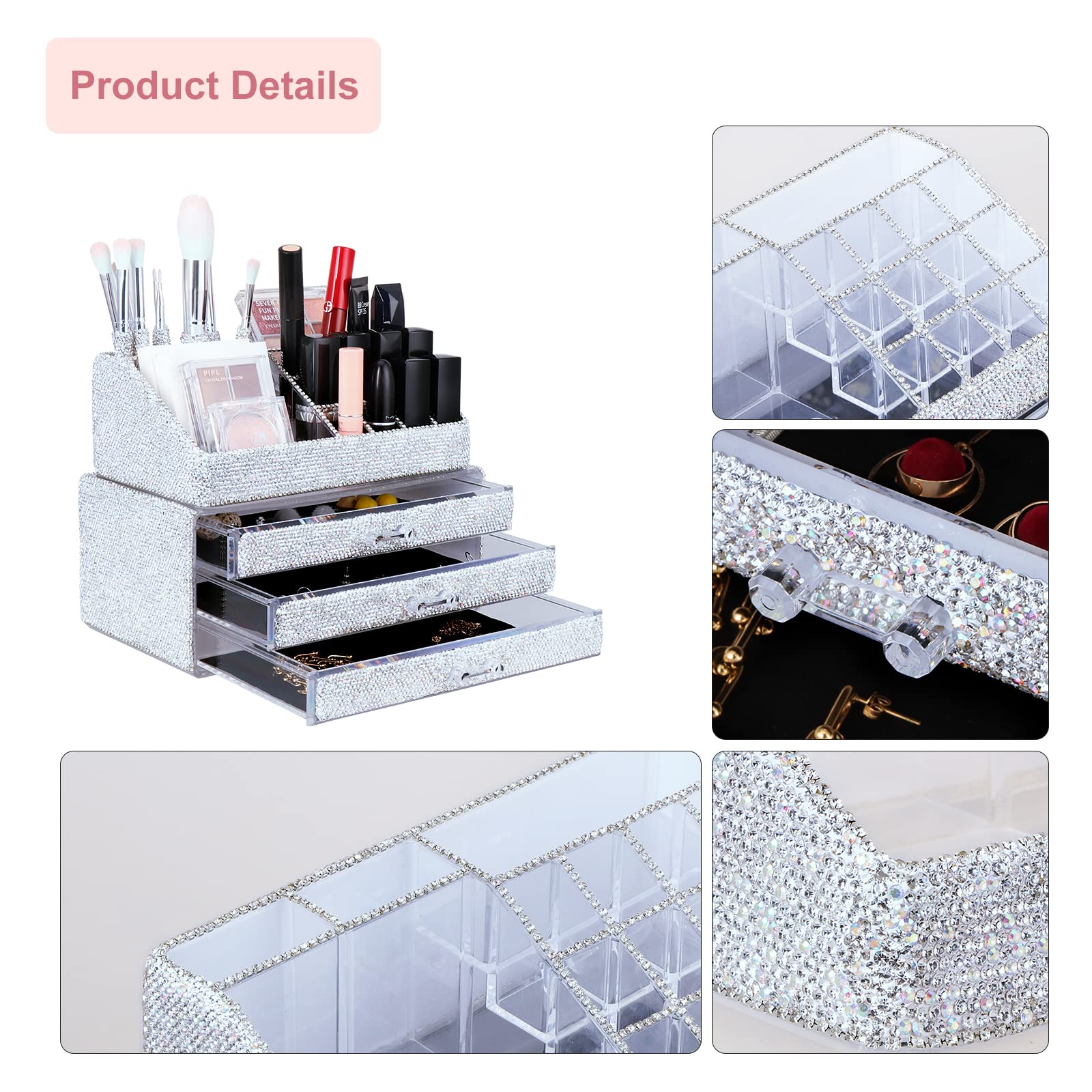 Make-up-Organizer, Schmuck, Kosmetik-Aufbewahrungsboxen, Make-up-Pinselhalter, Kosmetikhalter, glitzernde Diamant-Arbeitsplatte, Schmuckkoffer für Frauen, Mädchen (Neuweiß)