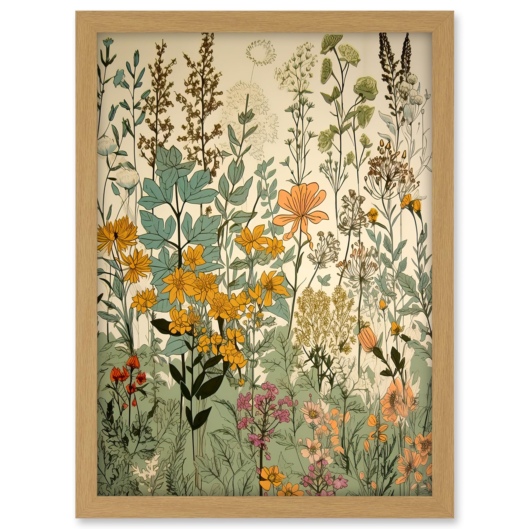 Artery8 Wildflower Vintage Botanical Painting Pastel Yellow Green Teal Pink Spring Field Artwork Framed A3 Wall Art Print