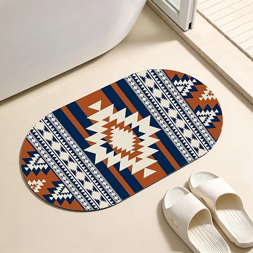 YNXTYB Oval Bath Mat Blue Red Navajo Geometric Diatomaceous 