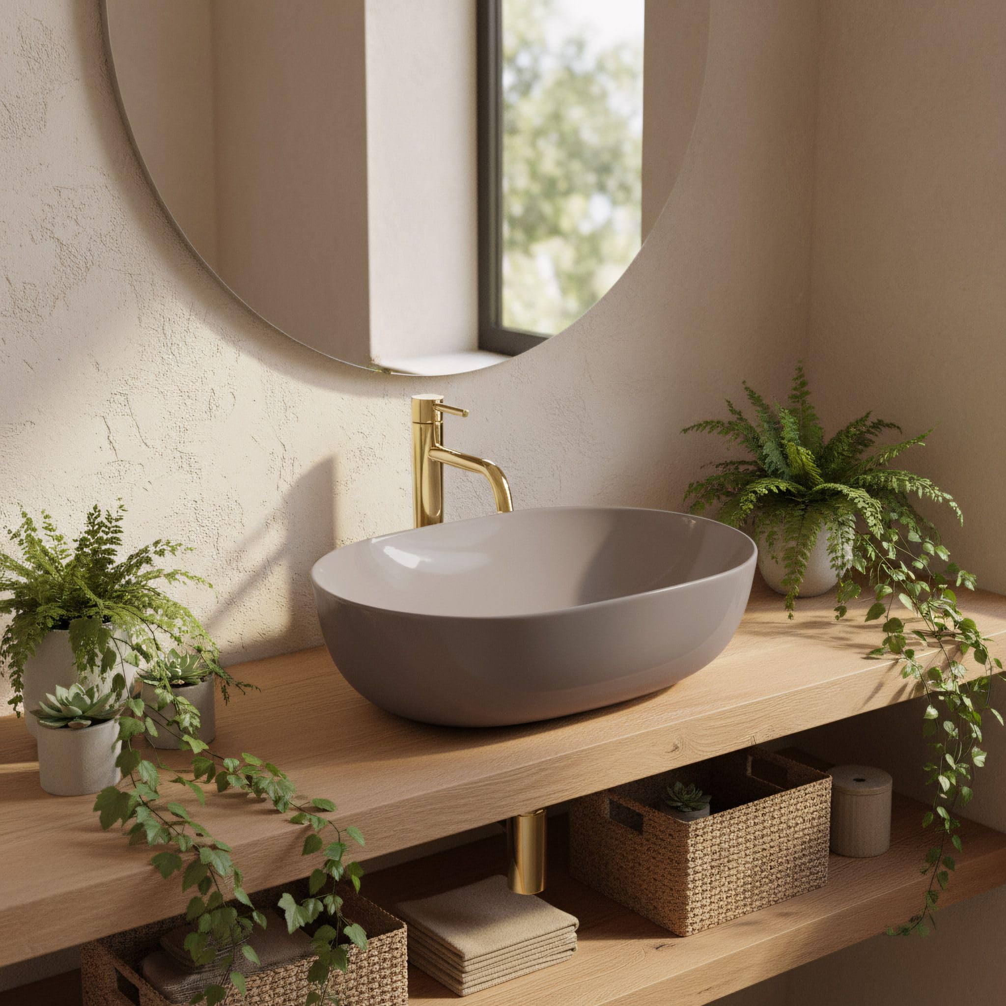 Rea - Lavabo Da Appoggio Lisa Shiny In Ceramica,Beige, Ovale 49X35X14cm