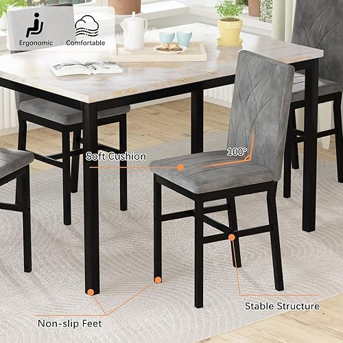 Miniatura 7 de Hooseng Juego de mesa de comedor para 4 sillas y mesas de cocina de mármol sintético, juego de 4, 5 piezas con sillas de comedor tapizadas de