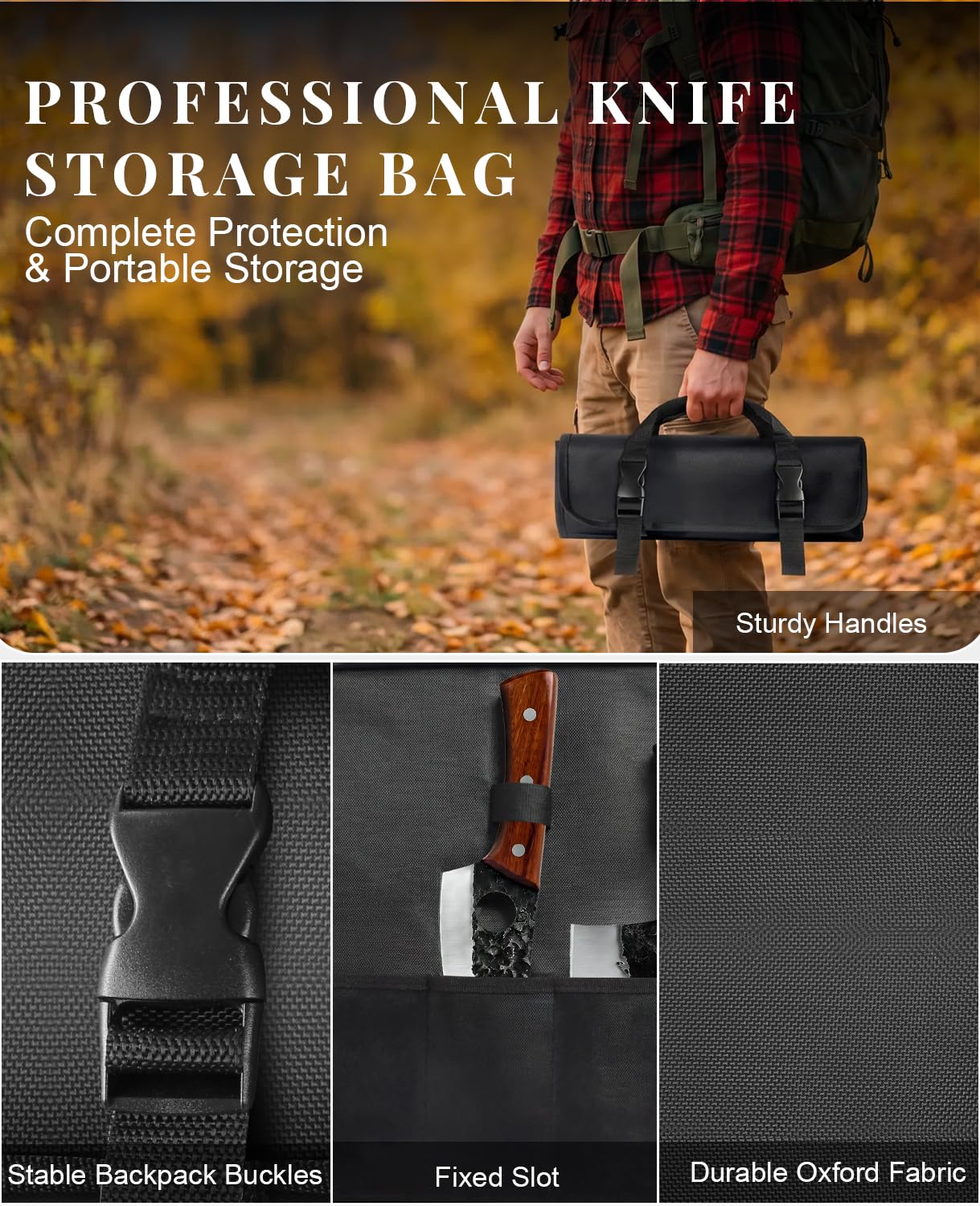 MOSFiATA Set 3 Coltelli da Macellaio, Insieme di Coltelli Serbi in Acciaio ad Alto Tenore di Carbonio per Carne, Dotato di Pratica Borsa Porta Utensili Portatile, Regalo Perfetto per Ogni Occasione