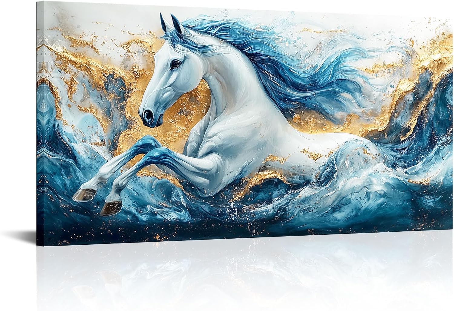 VANSEEING Abstract Horse Wall Art Modern Blue and Gold Sea Wave Animal Picture Wall Decor Canvas Prints Ocean Horse Painting Artwork for Living Room Bedroom Office Bathroom 20"x40"