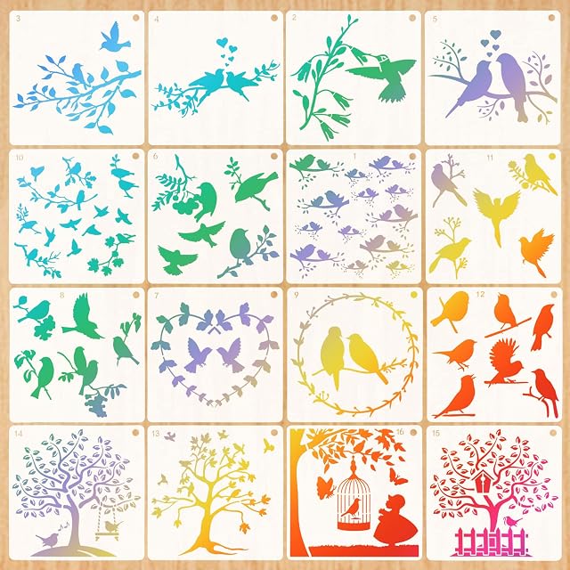 HOWAF 16 pcs Birds Stencils Bird Tree Branches Stencil Flying Bird Painting Template Spring Themed Bird Drawing Reusable Stencil for Children Creation,Scrapbooking, DIY Drawing Template